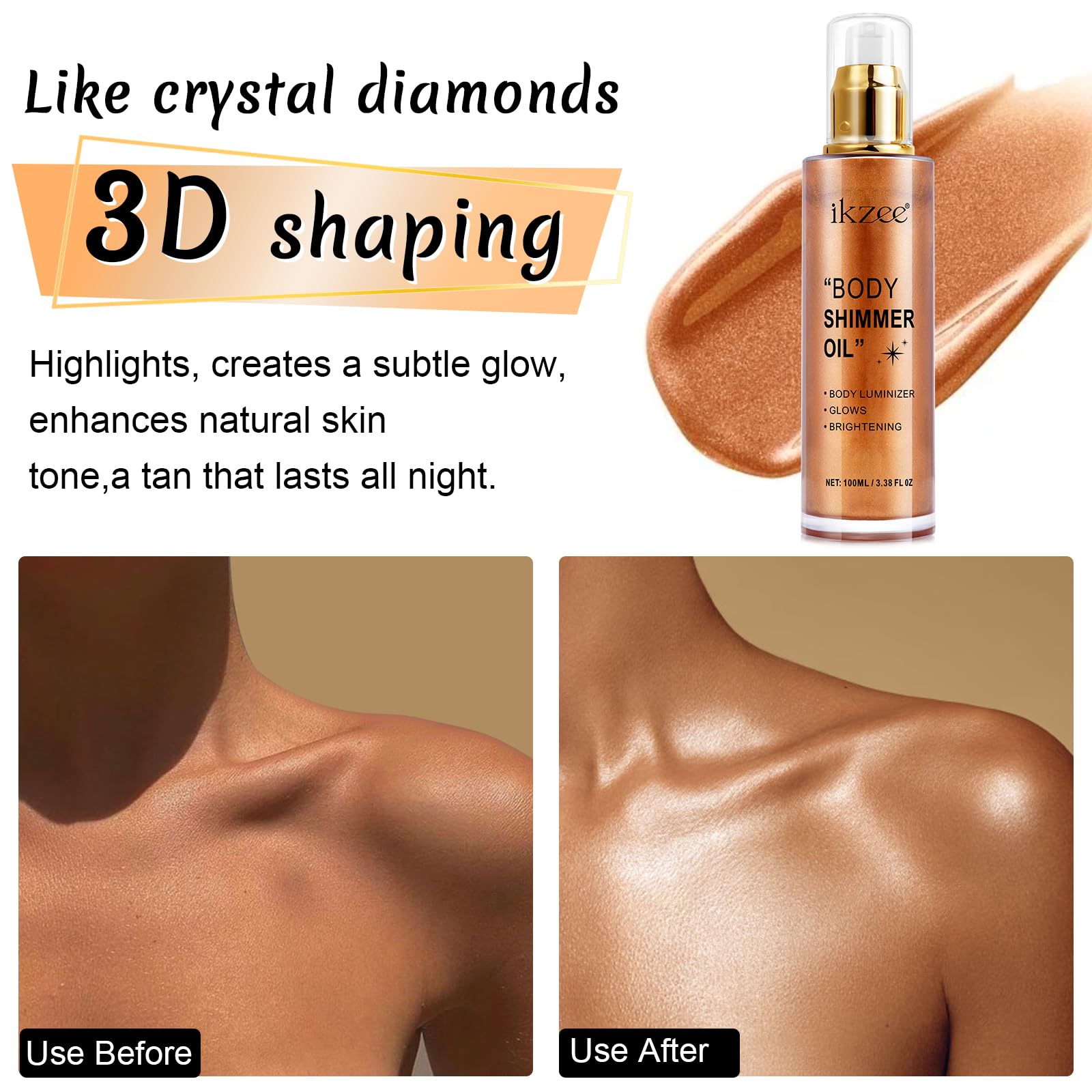 Body Shimmer Oil 100ml, Moisturizing Long Lasting Body Luminizer Face Brighten, Waterproof Liquid Illuminator Body Glow, Shimmer Body Glitter Oil Highlighter Summer Taning Makeup (#04 Golden Brown)