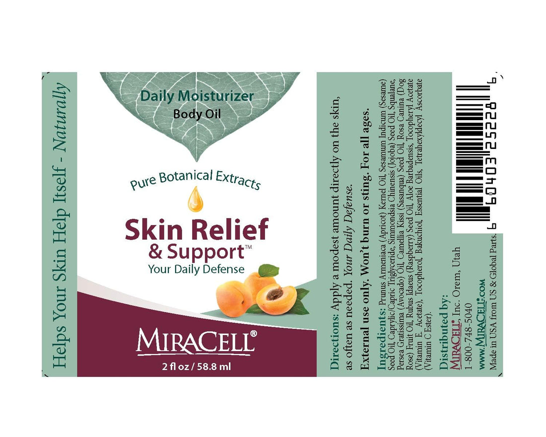 Miracell Skin Relief and Support, Apricot Kernel Oil, Coconut Oil, Sesame Oil Jojoba Oil, Avocado Oil, Camellia oil, Rosehip oil Vitamin E, Serum 2 oz
