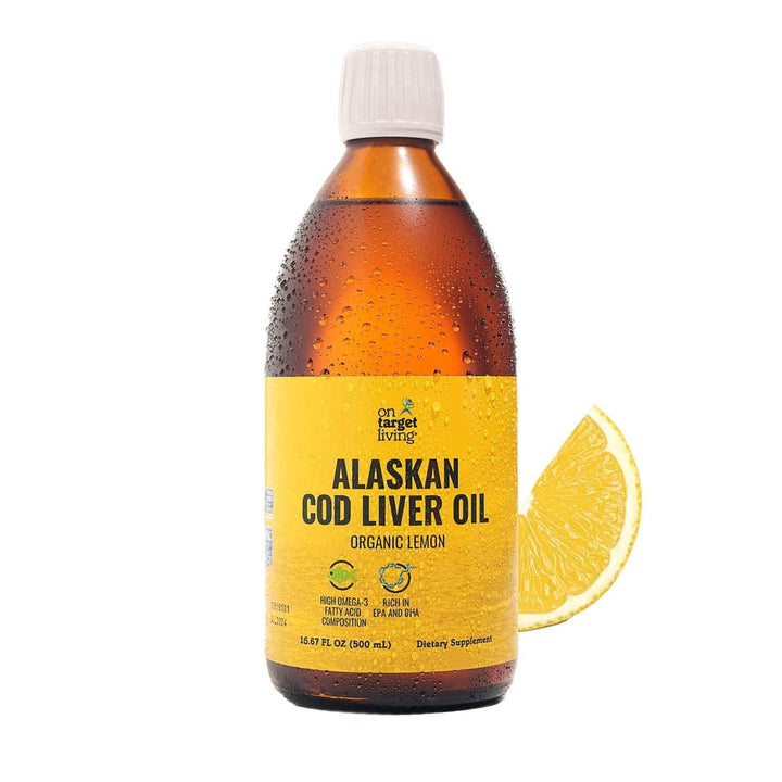 On Target Living Alaskan Cod Liver Oil Liquid | Organic Lemon Flavor 16.67 oz | Line Caught in The USA | Naturally Occurring Vitamin D | Rich in Omega 3 DHA/EPA | Non-GMO Project Certified