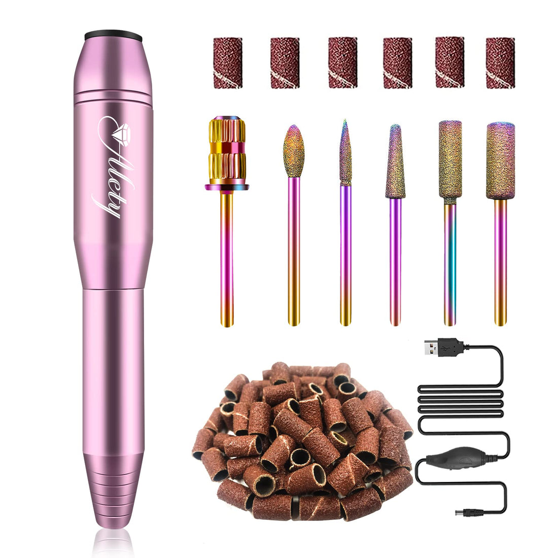 Alety Electric Nail Drill Kit, Portable File for Acrylic Gel Nails, Professional Machine Efile Manicure Pedicure Tools with Iridescent Bits Home Salon Use, Pink