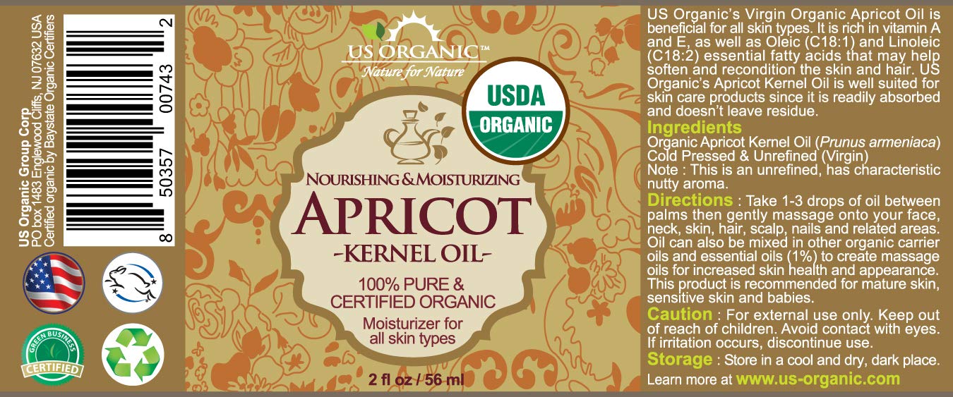 US Organic Apricot Kernel Oil, USDA Certified Organic,100% Pure & Natural, Cold Pressed Virgin, Unrefined in Amber Glass Bottle w/ Glass Eyedropper for Easy Application (2 oz (56 ml))