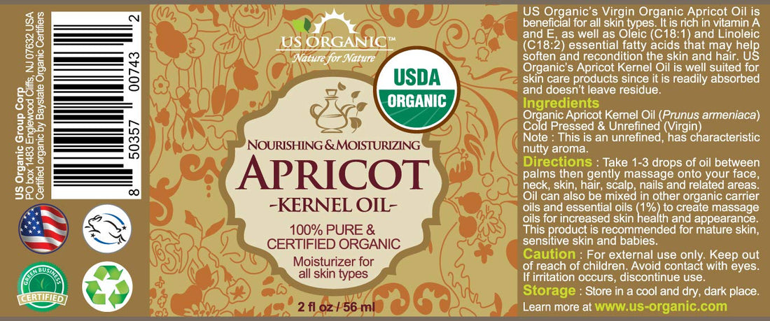US Organic Apricot Kernel Oil, USDA Certified Organic,100% Pure & Natural, Cold Pressed Virgin, Unrefined in Amber Glass Bottle w/ Glass Eyedropper for Easy Application (2 oz (56 ml))