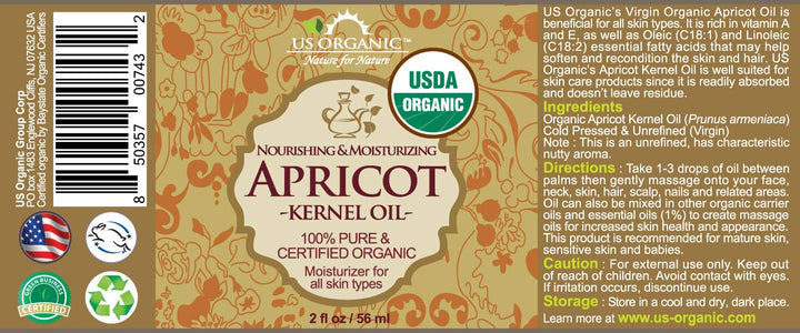 US Organic Apricot Kernel Oil, USDA Certified Organic,100% Pure & Natural, Cold Pressed Virgin, Unrefined in Amber Glass Bottle w/ Glass Eyedropper for Easy Application (2 oz (56 ml))