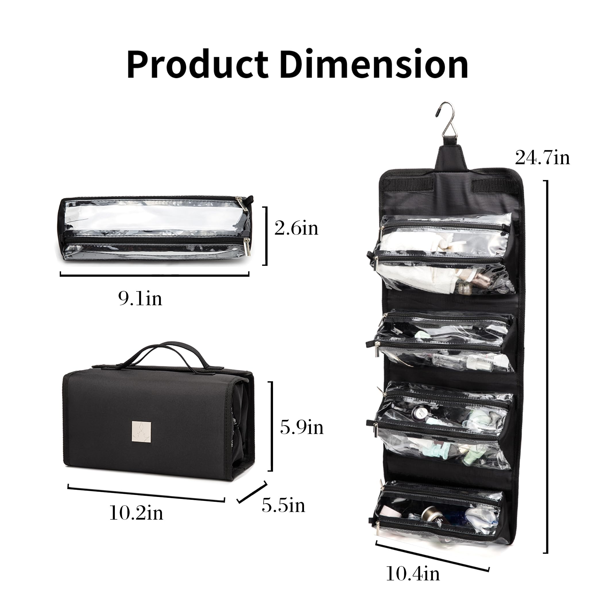 ROYALFAIR Hanging Toiletry Bag with Durable Hook Roll-Up Make Up Organizer and Travel Bag - 4 Removable Cosmetic Bags Suit for Men or Women (Black)