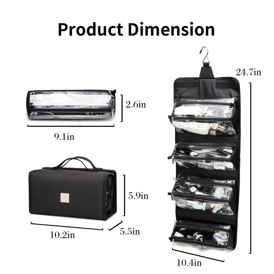ROYALFAIR Hanging Toiletry Bag with Durable Hook Roll-Up Make Up Organizer and Travel Bag - 4 Removable Cosmetic Bags Suit for Men or Women (Black)