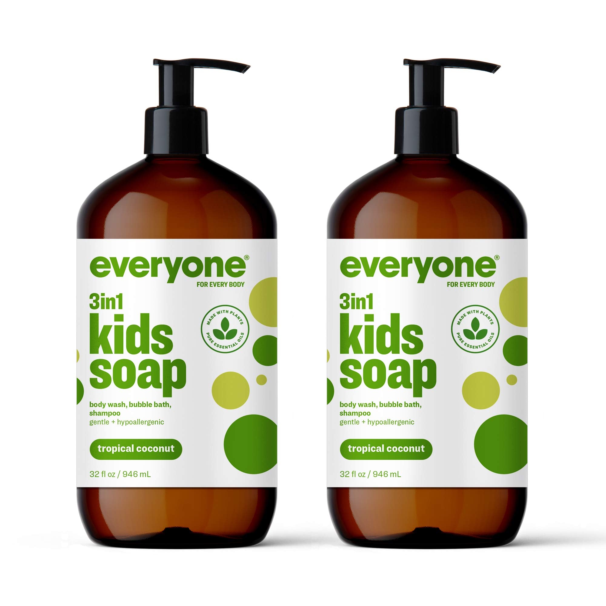 Everyone 3-in-1 Soap for Every Kid Safe, Gentle and Natural Shampoo, Body Wash, and Bubble Bath, Tropical Coconut Twist, 2 Count