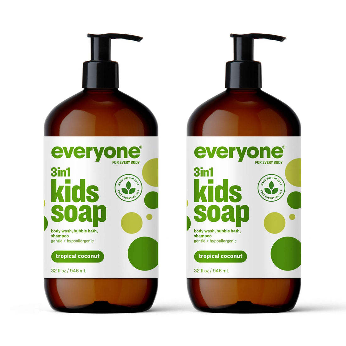 Everyone 3-in-1 Soap for Every Kid Safe, Gentle and Natural Shampoo, Body Wash, and Bubble Bath, Tropical Coconut Twist, 2 Count