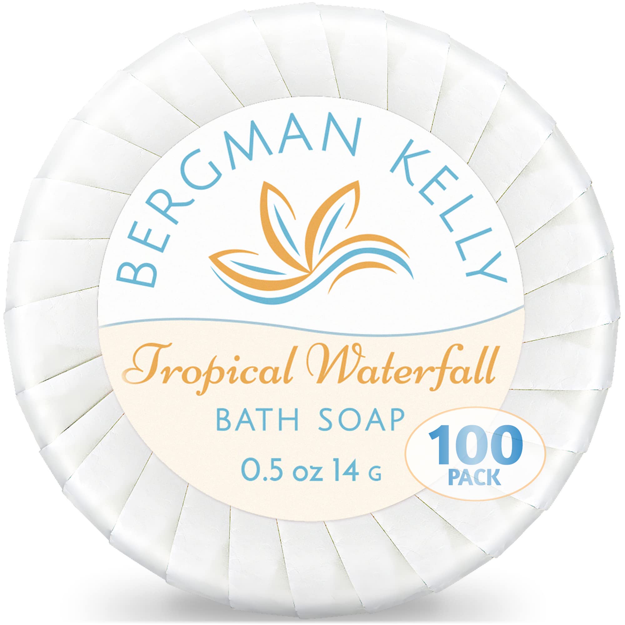 BERGMAN KELLY Sanitary Soap Bars in Bulk (Tropical Waterfall, 0.5 oz, 100PK), Small Individually Wrapped Round Soap, Hotel Toiletries Travel Size for Airbnb, Motel, Guest Bathroom