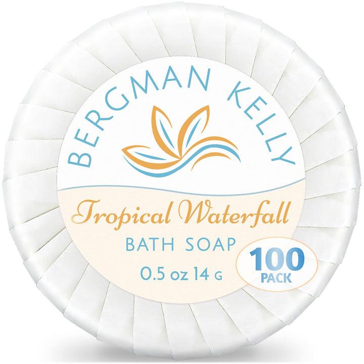 BERGMAN KELLY Sanitary Soap Bars in Bulk (Tropical Waterfall, 0.5 oz, 100PK), Small Individually Wrapped Round Soap, Hotel Toiletries Travel Size for Airbnb, Motel, Guest Bathroom