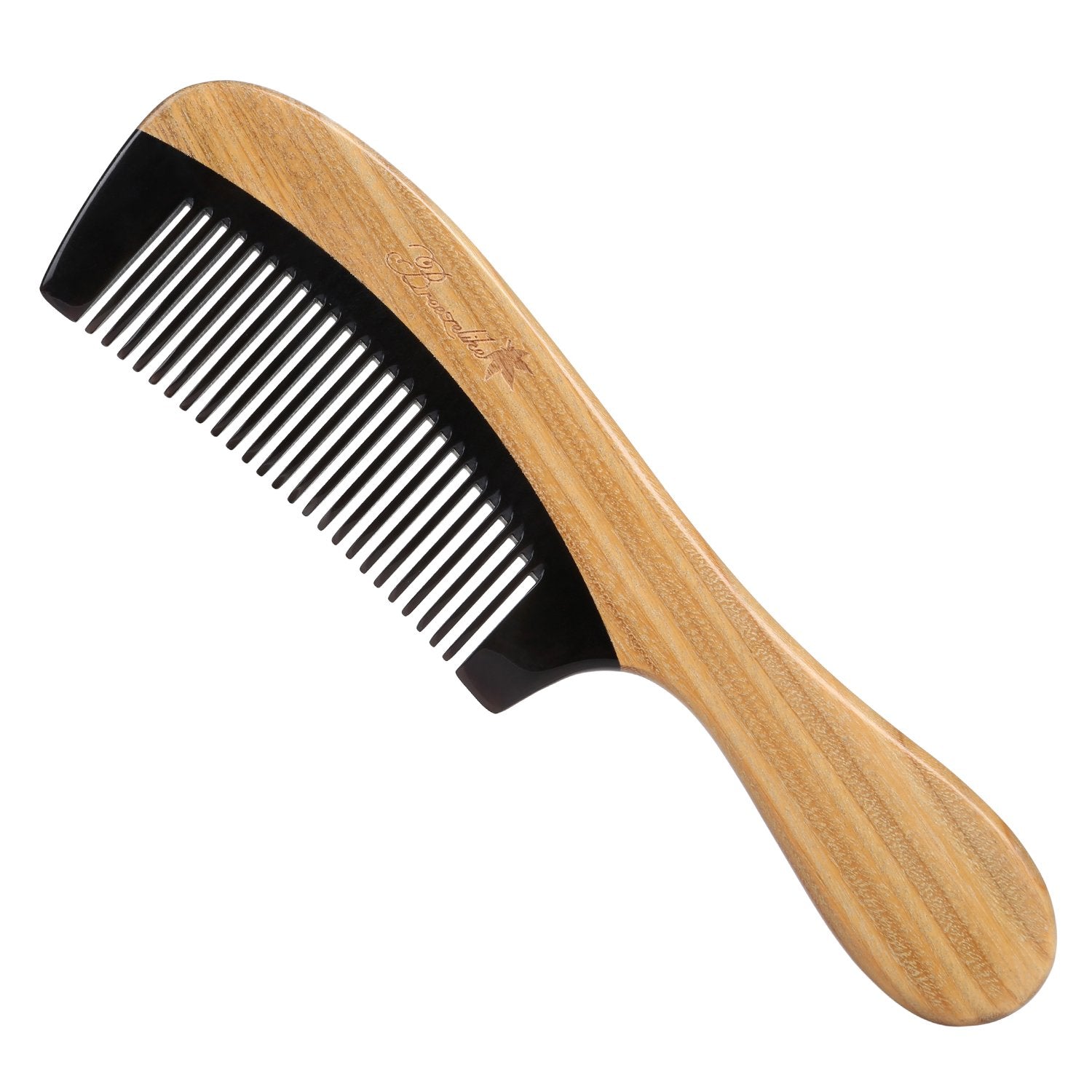 No Static Black Buffalo Horn Comb With Sandalwood Handle (Rounded)