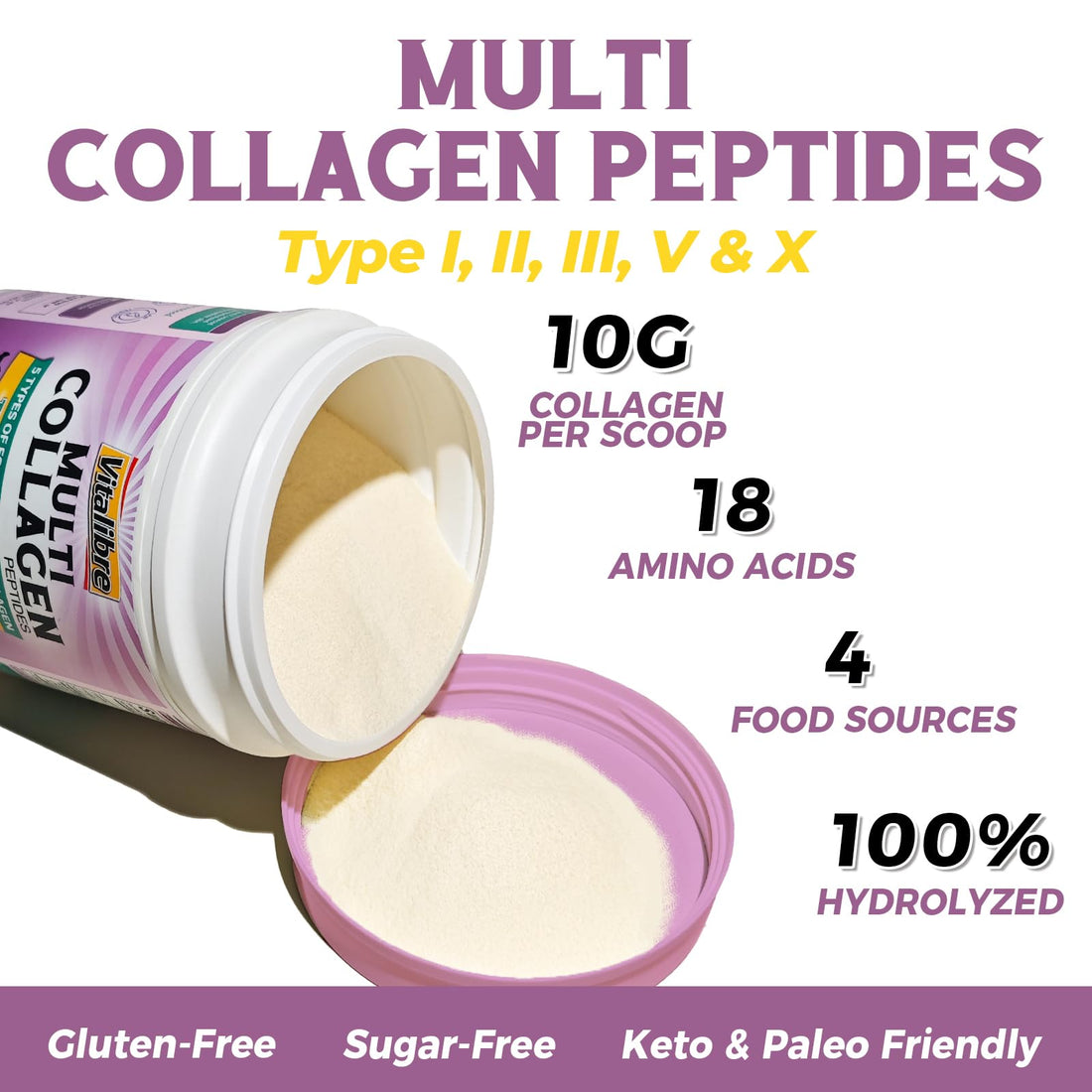 Vitalibre Multi Collagen Peptides Powder Type I II III V X, Hydrolyzed Collagen Protein for Women and Men, Skin, Hair, Nails and Joints, Unflavored, Non-GMO, Keto & GF, Zero Sugar, 22 Servings, 8oz