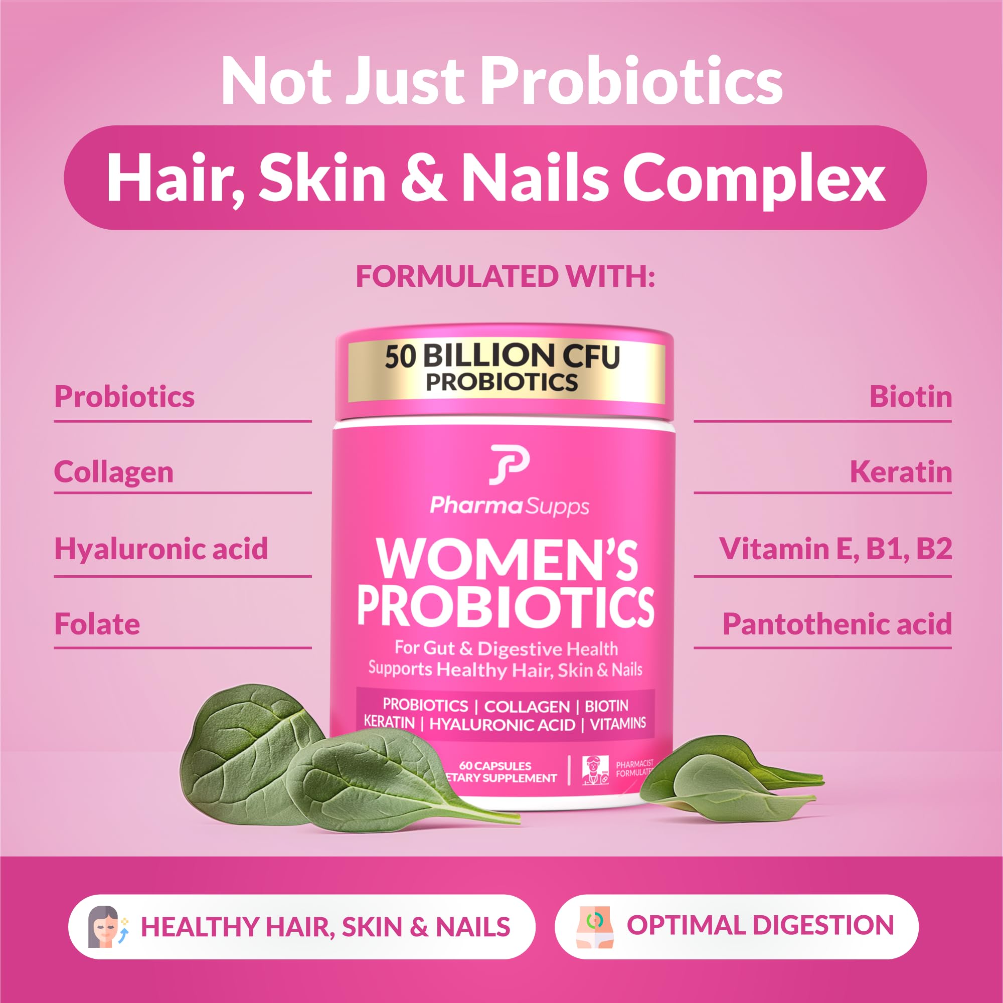 Advanced Women's Probiotics for Gut Health with Hair, Skin, & Nails Vitamins Support - 50 Billion CFU w/Collagen, Biotin & Keratin - Probiotic Supplement for Digestive Health & Bloating Relief.