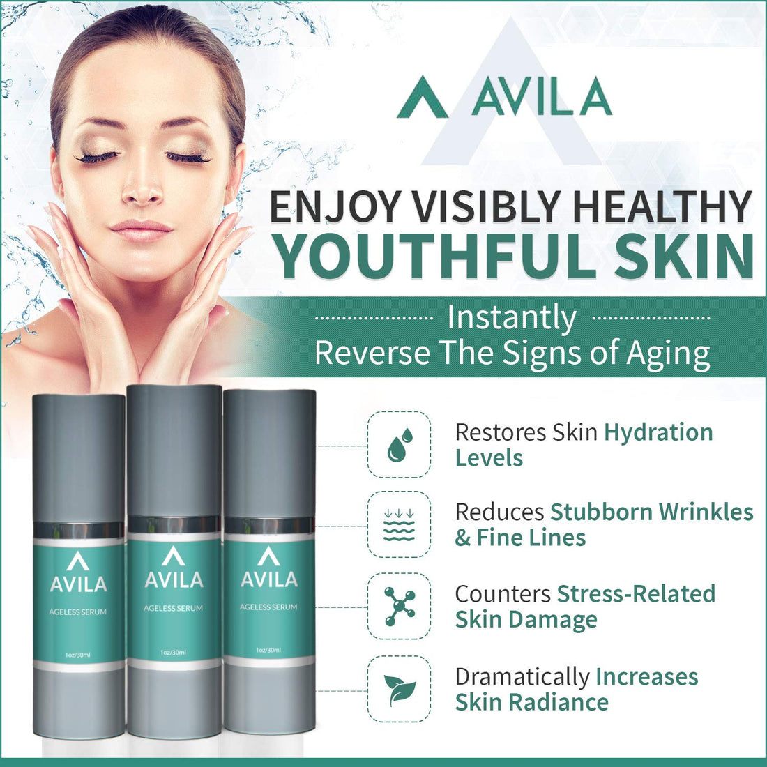 Avila Skincare Ageless Serum- Best Selling Serum Formula To Boost Collagen and Elastin, Deeply Hydrate Skin and Diminish Fine Lines and Wrinkles - Improved Formula