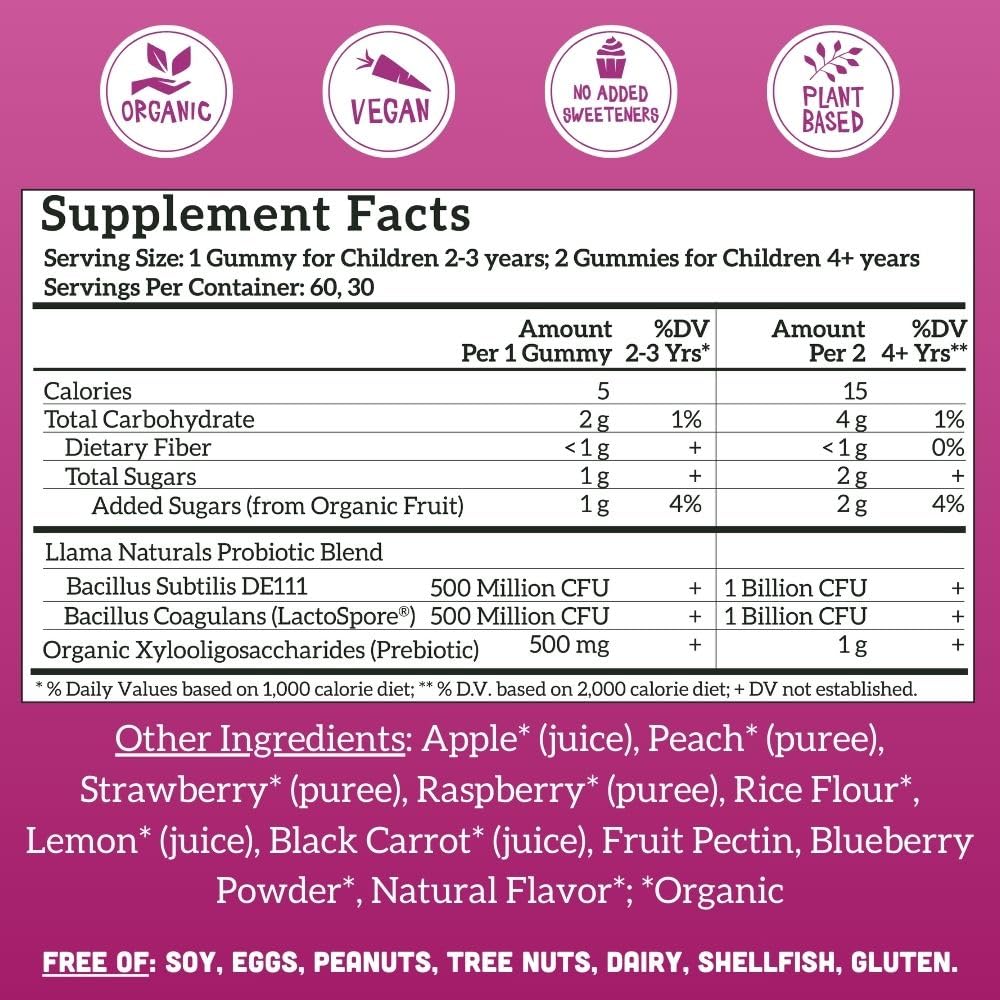 Llama Naturals Prebiotics and Probiotics for Kids, Real Fruit Gummy Vitamins, Probiotic Gummies with Prebiotic Fiber for Gut Health Support, No Sugar Added, Mixed Berry, 60 Ct (30-60 Day Supply)