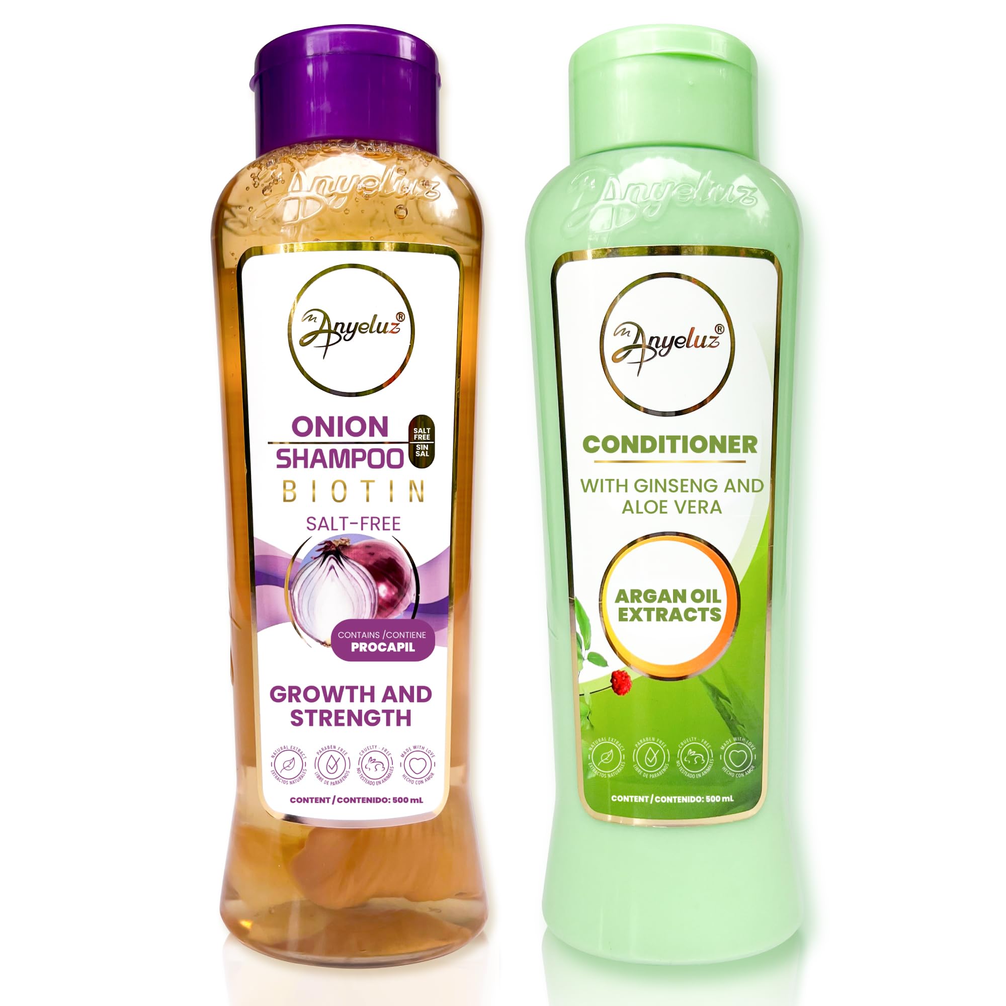 ANYELUZ Onion Shampoo and Aloe Conditioner Set, Strength and Hydration for your Hair, With Onion Extract, Biotin and Argan Oil, Cleanses Deeply and Provides Hydration