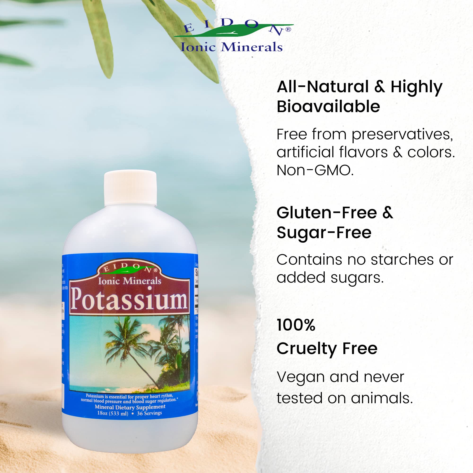 Eidon Ionic Minerals Liquid Potassium Supplement - Potassium Chloride Drops, Essential Electrolyte for Cell Function, Bioavailable Ionic Minerals, All Natural, No-Preservatives or Additives - 18 oz