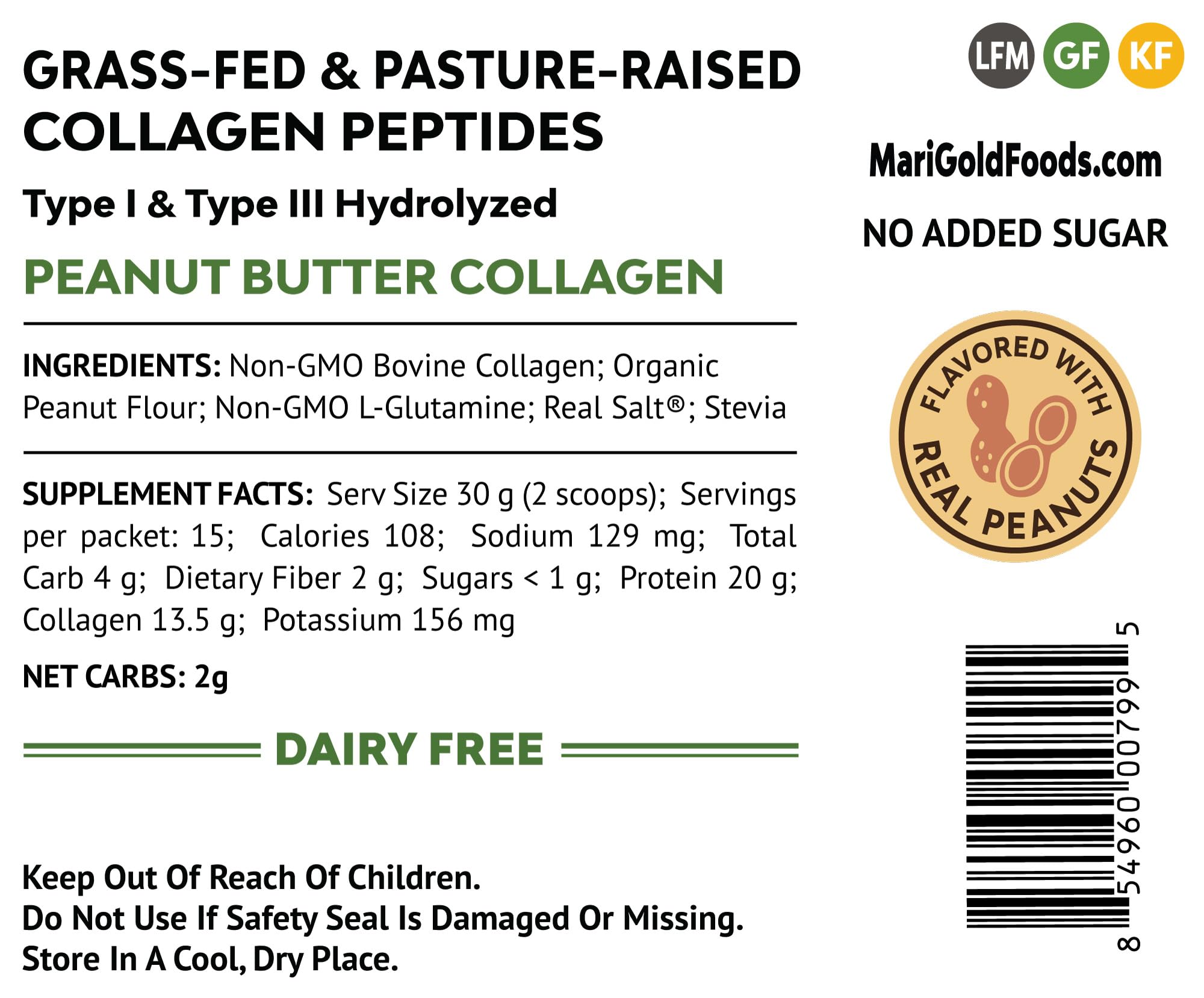 MariGold Grass-fed Collagen Peptides Powder Peanut Butter 1LB - 100% Pure, Type I & III Bovine Hydrolyzed Collagen, Non-GMO, Hormone Free, Soy Free, Gluten Free, Dairy Free, Keto-Friendly