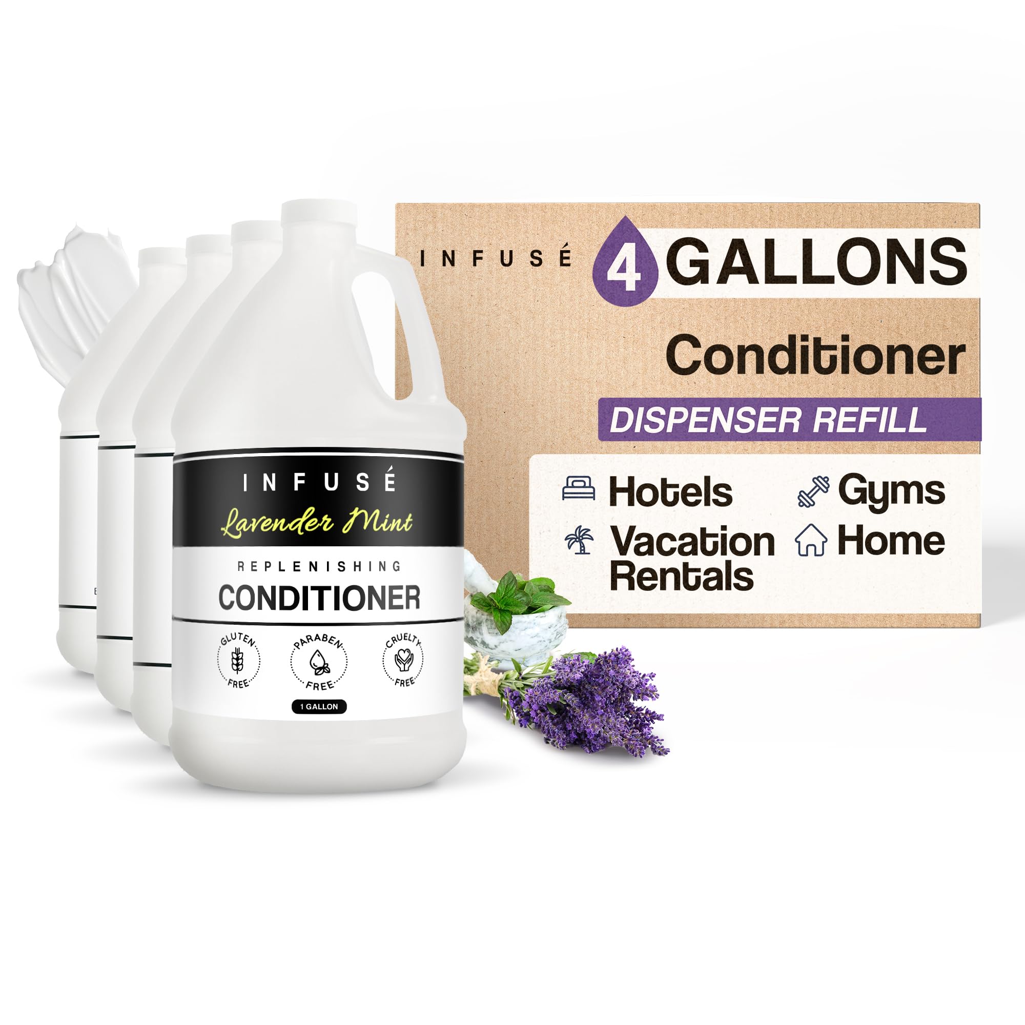 Terra Pure Infuse Lavender Mint Hotel Conditioner | 1 Gallon | For Hospitality & Vacation Rentals to Refill Dispensers | (4 Gallons)