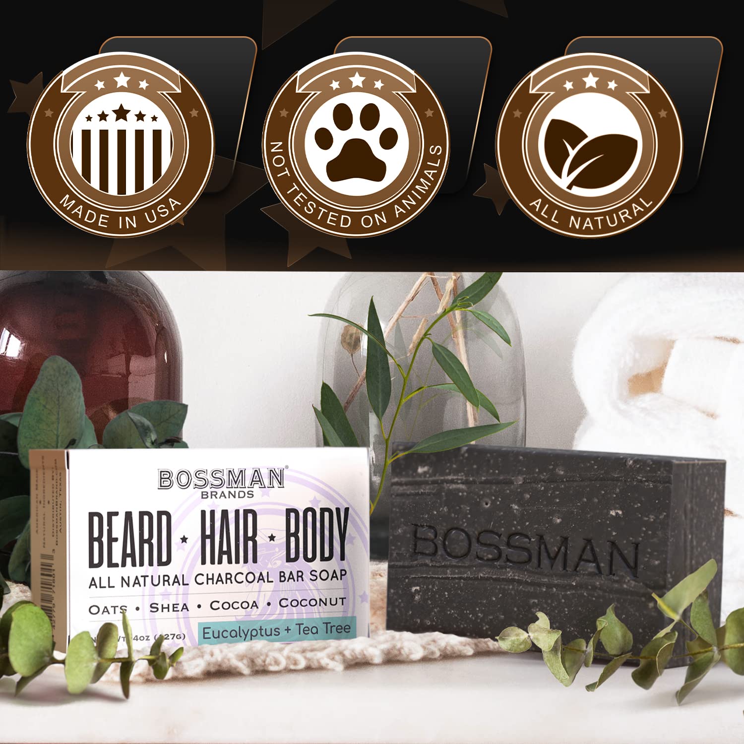 Bossman 4-in-1 Bar Soap for Men (4 oz) – All-Natural Beard Wash, Shampoo, Body Wash & Shaving Soap – Eucalyptus & Tea Tree Scent