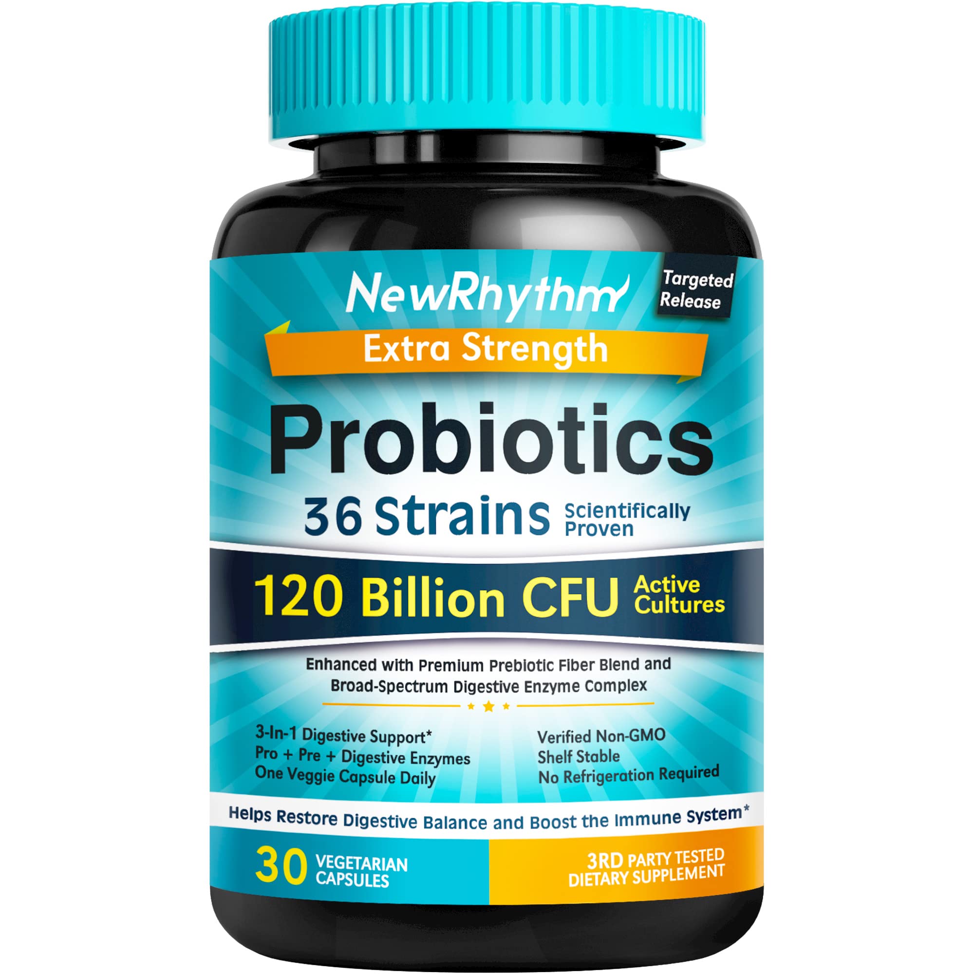 NewRhythm Probiotics 120 Billion CFU 36 Strains, 3-in-1 Probiotics for Digestive Health & Immune Support with Prebiotics & Enzymes, Probioticos for Women & Men, Vegan Targeted Release Supplement, 30ct