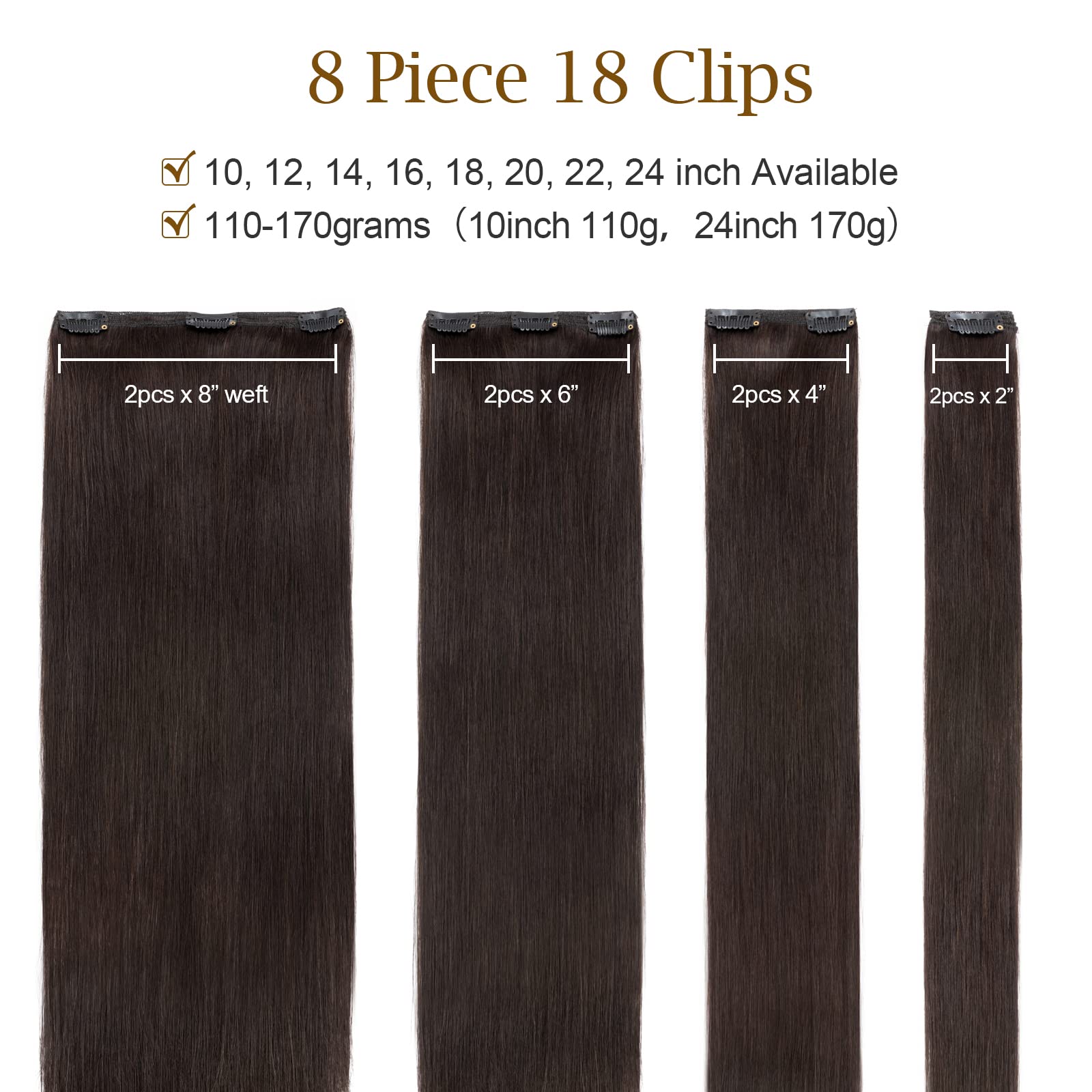 10 / 10 inch Double Weft 100% Remy Human Hair Clip in Extensions Grade 7A Quality Full Head Thick Thickened Short Soft Silky Straight 8pcs 18clips for Women Beauty 110g #2 Dark Brown