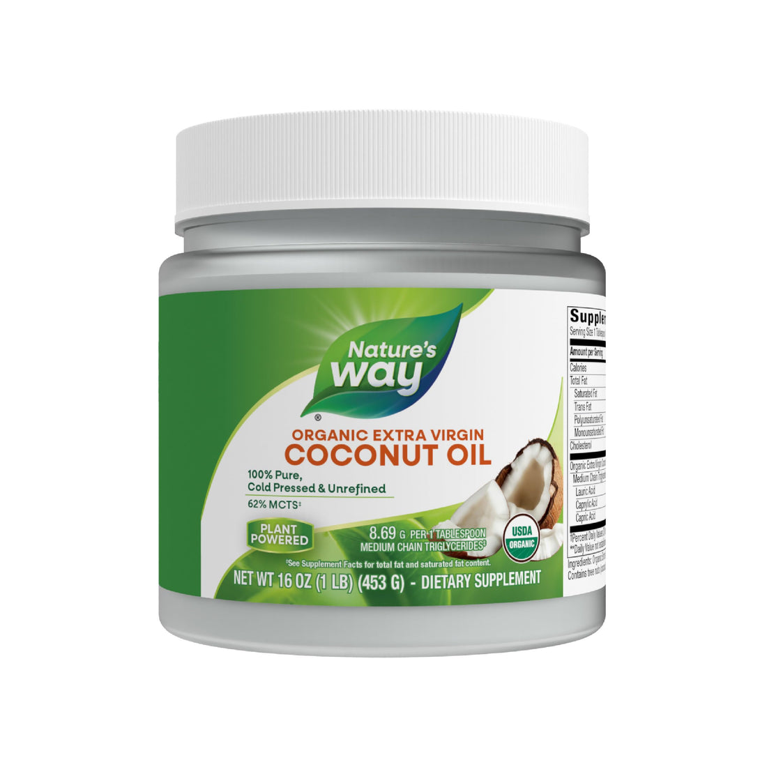 Nature's Way Organic Extra Virgin Coconut Oil, Pure and Unrefined, 62% MCTs, 16 Oz