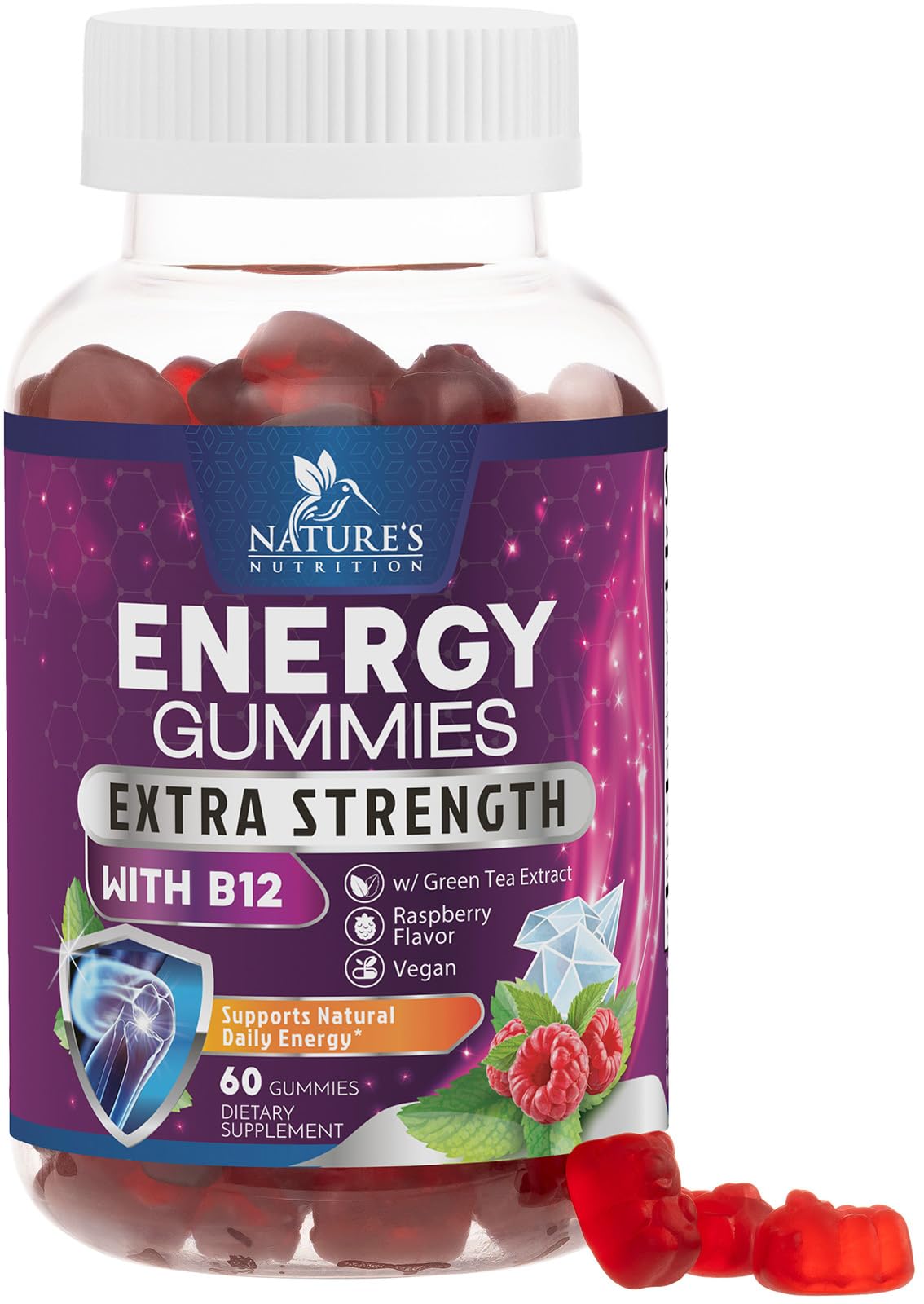 Energy Gummies Vitamin B12, Green Tea Natural Caffeine Support, Extra Strength 1000 mcg Daily Energy Vitamins, Delicious Berry Flavor Gluten Free Chewable Supplement for Cycling & Running - 60 Chews