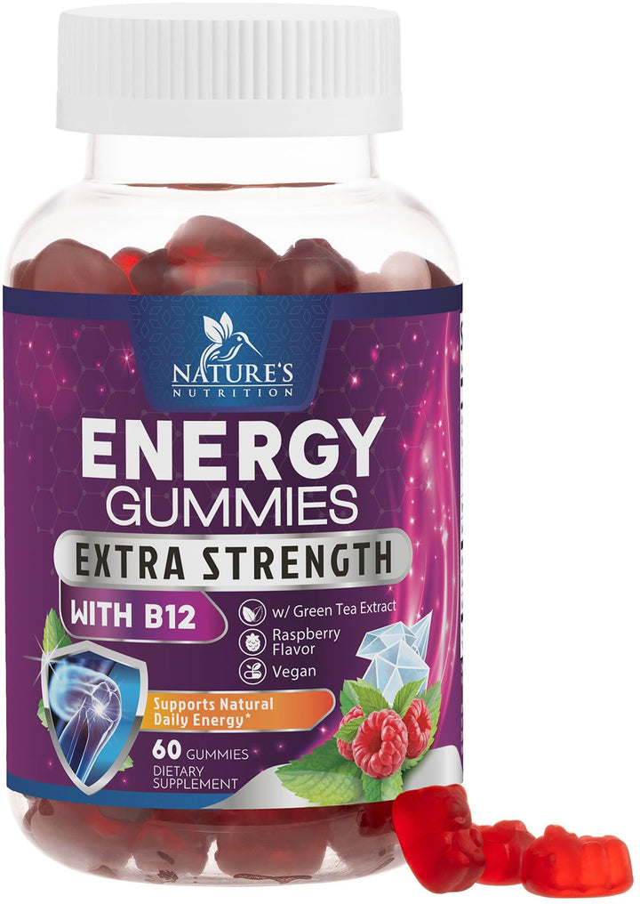 Energy Gummies Vitamin B12, Green Tea Natural Caffeine Support, Extra Strength 1000 mcg Daily Energy Vitamins, Delicious Berry Flavor Gluten Free Chewable Supplement for Cycling & Running - 60 Chews
