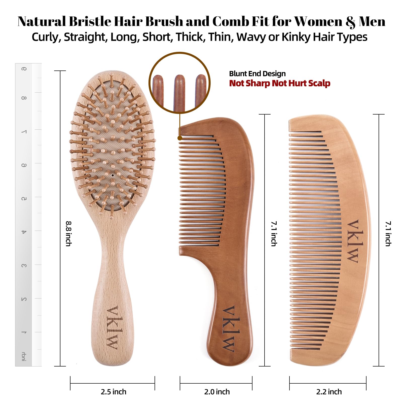 Vklw Natural Wood Hair Brush With Wooden Bristles, Massage Scalp Comb And Peach Wood Beard Comb For Men And Women 3 Pcs