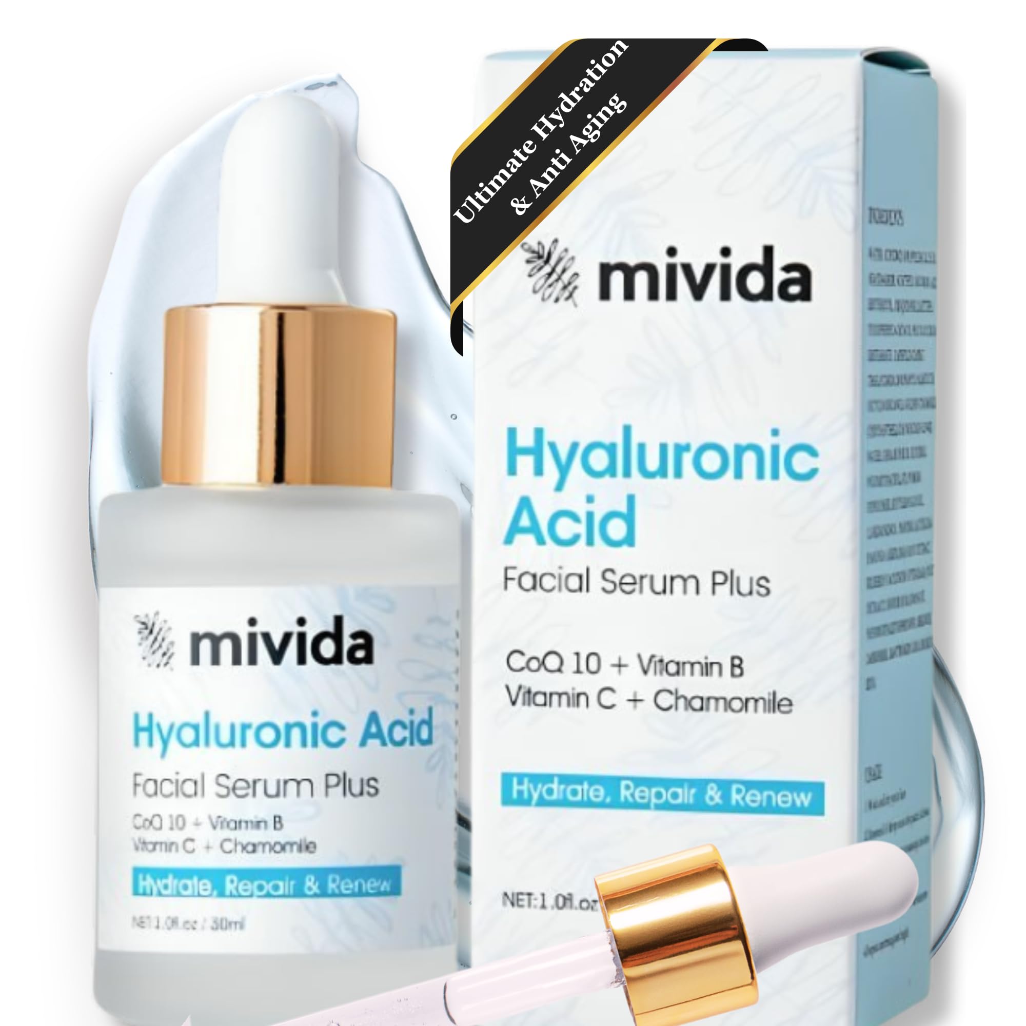 Ultimate Hydration & Anti-Aging Hyaluronic-Acid Facial Serum | with CoQ10, Vitamin B, Vitamin C & Chamomile Extract | Soothing, Plumping & Renewing | For Sensitive Skin, All Skin Types | 1 fl oz