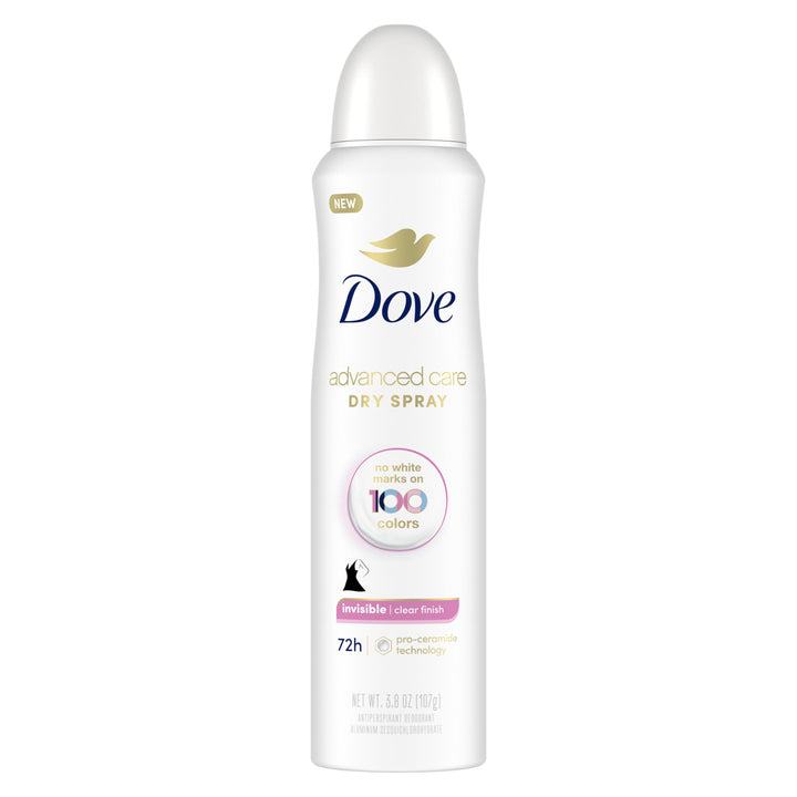 Dove Advanced Care Invisible Dry Spray Antiperspirant Deodorant No White Marks on 100 Colors Clear Finish 48-Hour Sweat and Odor Protecting Deodorant for Women 3.8 oz