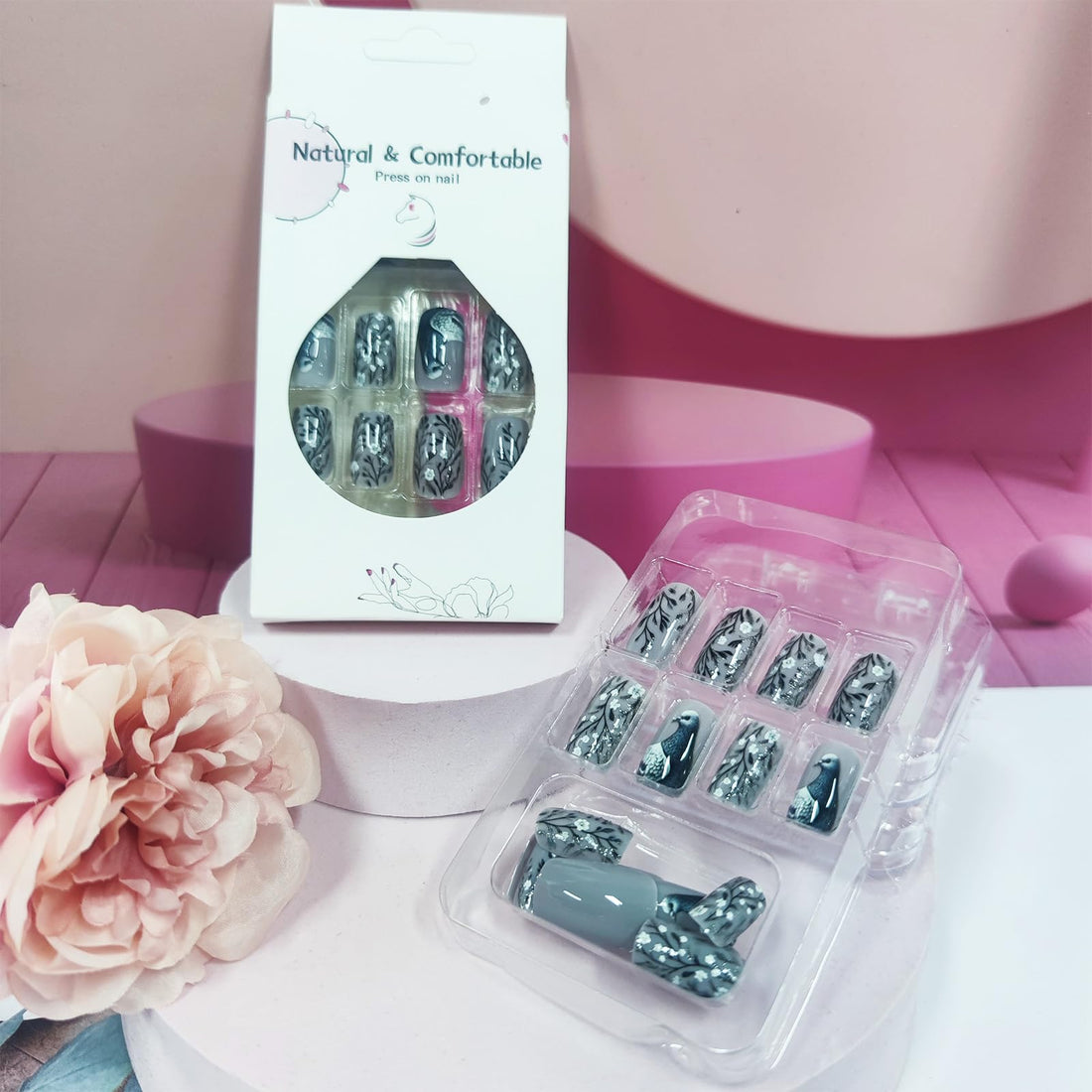 Medium Square White Flower Press on Nails Dove of Peace False Nails 24Pcs Black Leaves Acrylic Fake Nails Glossy Ash Pigeon Stick on Nails Spring Flower Gel Glue on Nails for Coquette Women Girls