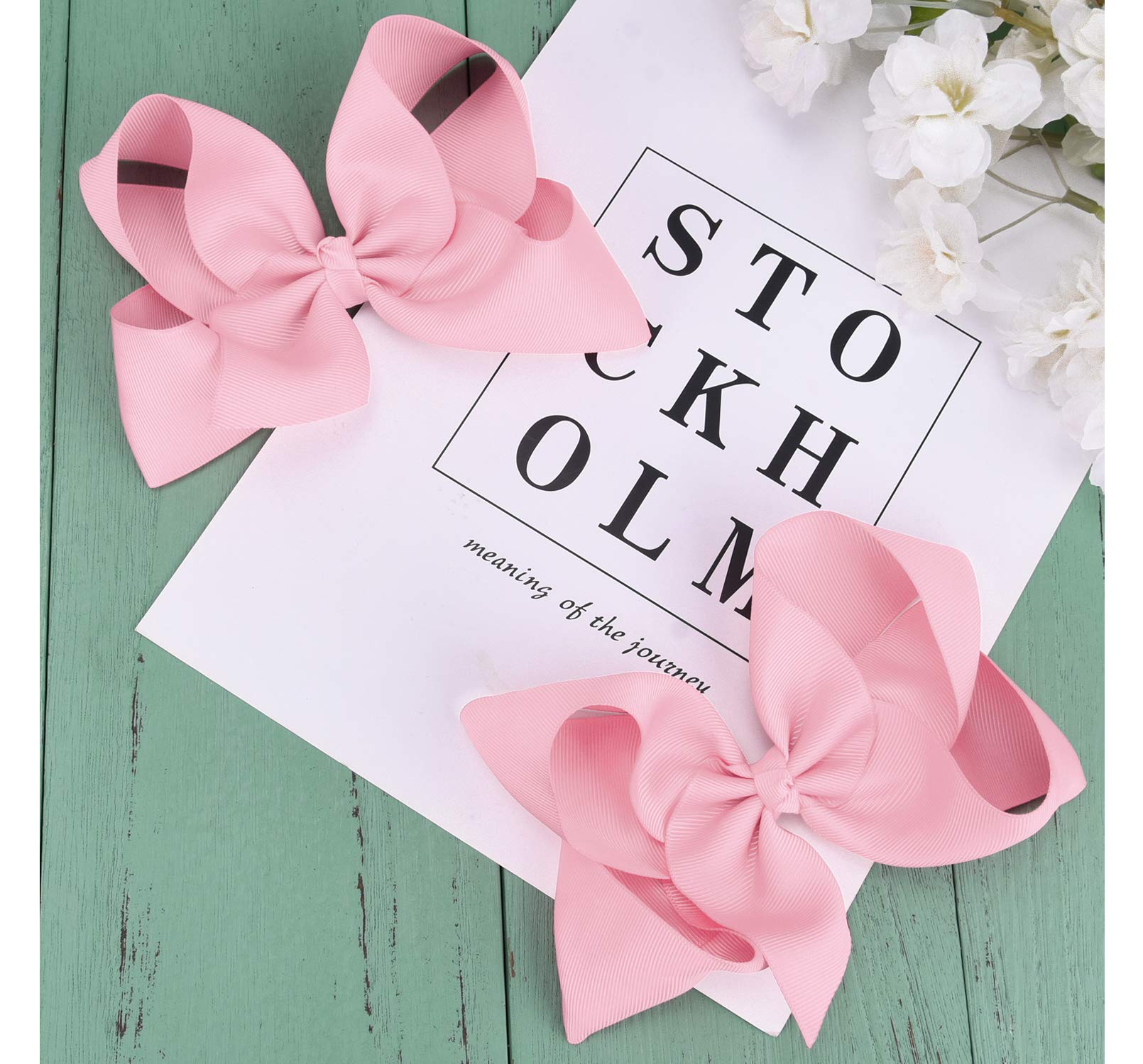 DEEKA 2 PCS 6 Big Hand-made Grosgrain Ribbon Solid Color Hair Bows Alligator Clips Hair Accessories for Little Teen Toddler Girls Kids Set of 2 -Light Pink
