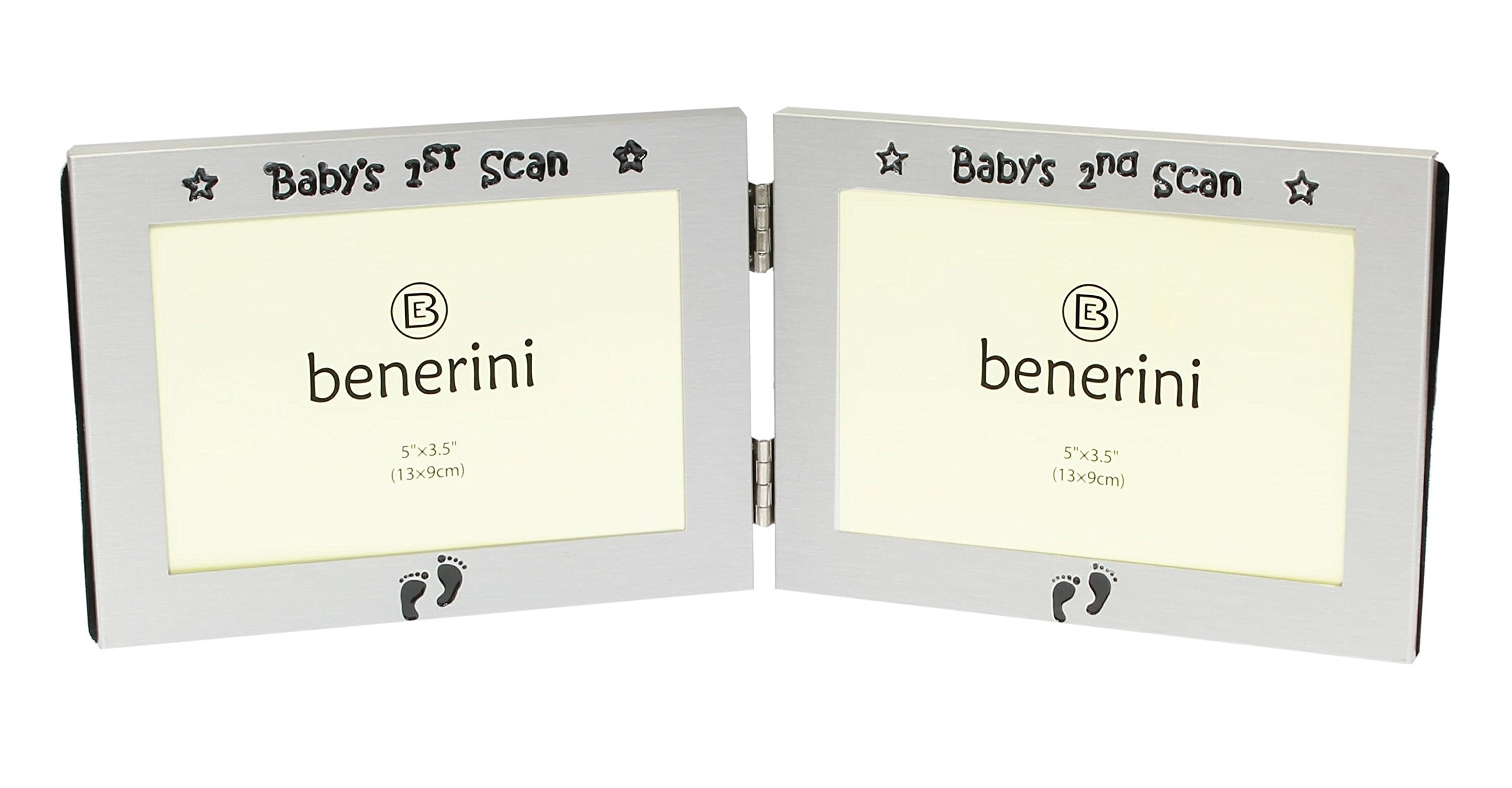 benerini ' Baby's 1st Scan Picture & Baby's 2nd Scan Picture ' - Twin Folding Photo Picture Frame Baby Christening Gift - 5 x 3.5