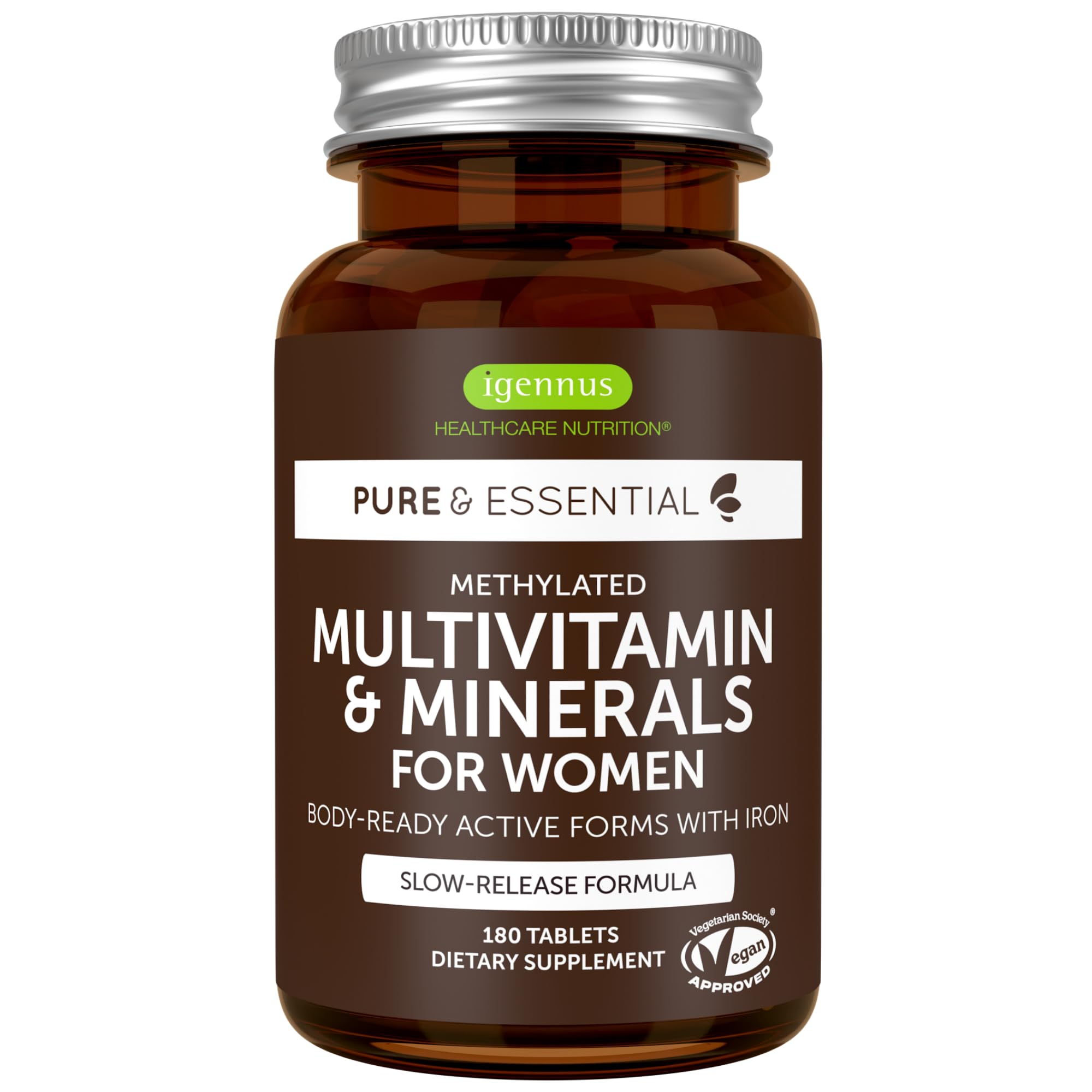 Igennus Methylated Women's Multivitamin, Methylated Folate for MTHFR, Clean Label & Sustained Release, with Iron, Non-GMO, Halal, 180 Vegan Tablets