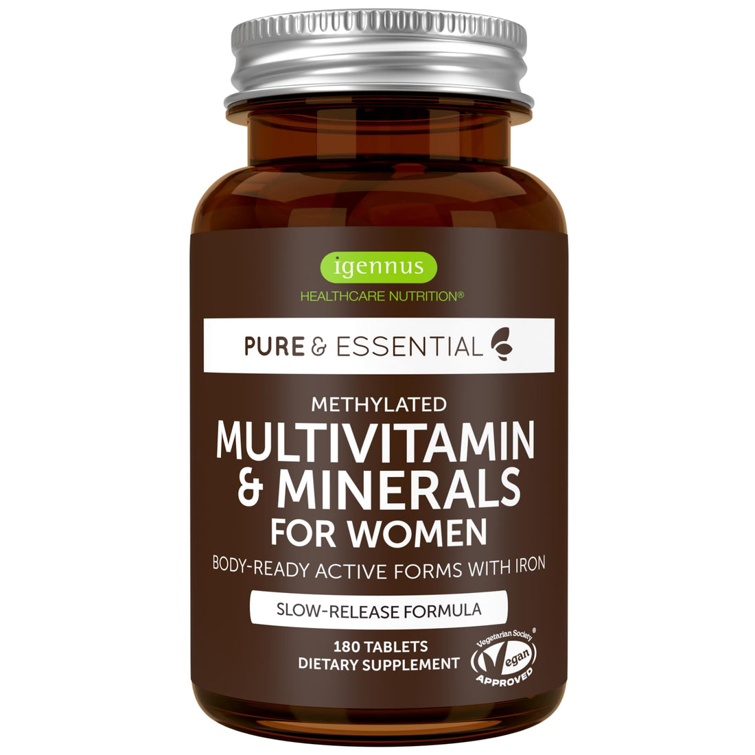 Igennus Methylated Women's Multivitamin, Methylated Folate for MTHFR, Clean Label & Sustained Release, with Iron, Non-GMO, Halal, 180 Vegan Tablets