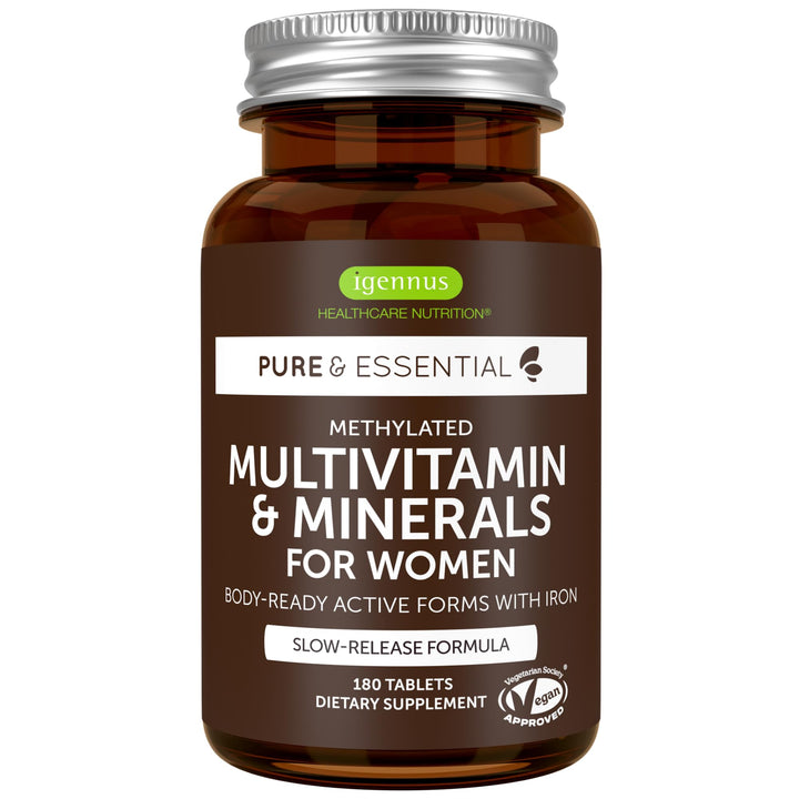 Igennus Methylated Women's Multivitamin, Methylated Folate for MTHFR, Clean Label & Sustained Release, with Iron, Non-GMO, Halal, 180 Vegan Tablets