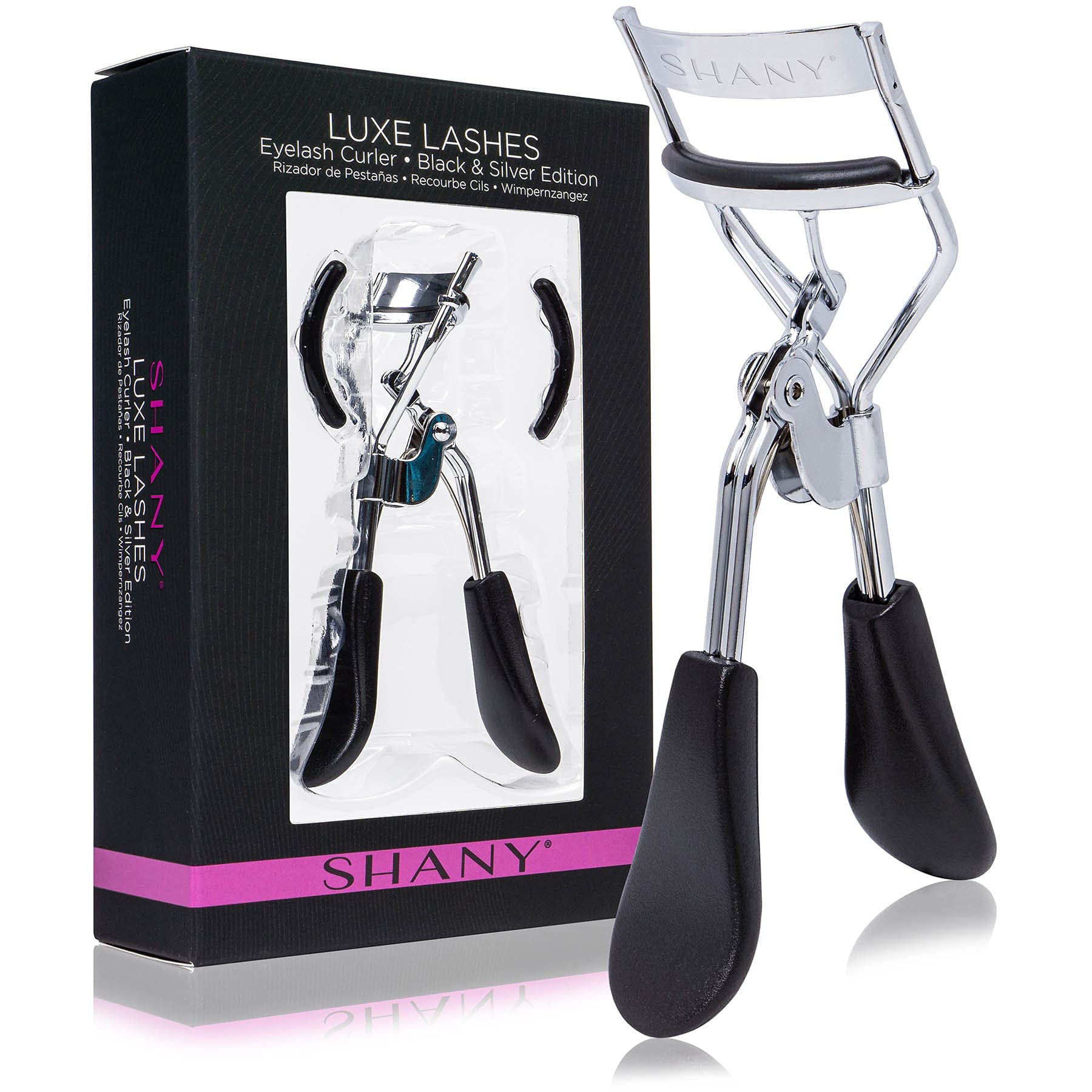 SHANY Luxe Lashes Eyelash Curler - Professional Makeup Tool for Eyelashes with Two Silicone Refill/Replacement Pads - Black and Silver