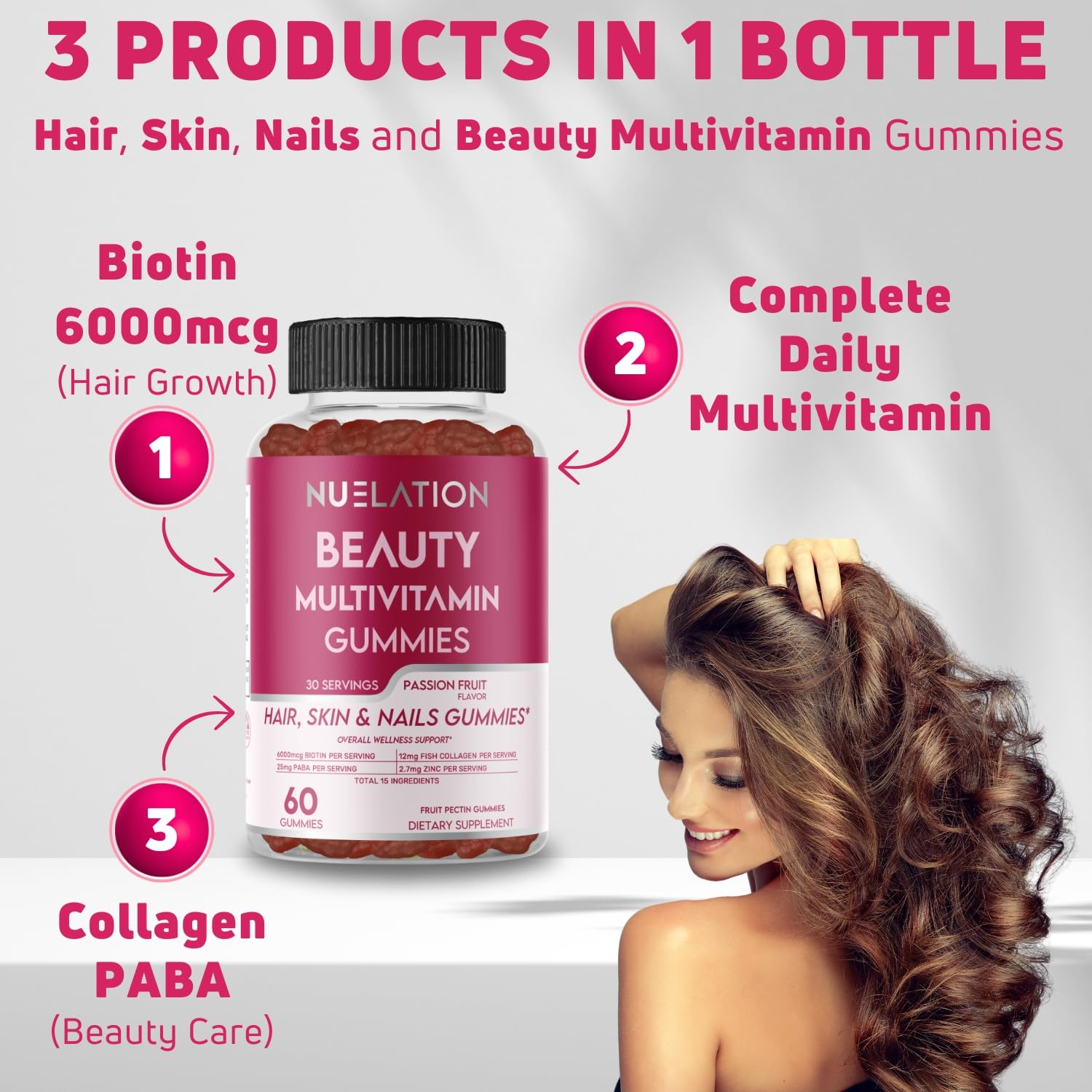 Beauty Multivitamins - Hair Skin and Nails Gummies with 6000mcg Biotin & PABA. Biotin Collagen Gummies w/ Daily Multivitamin for Women & Men. Hair Skin and Nails Vitamins, 30 Servings - Halal Vitamins