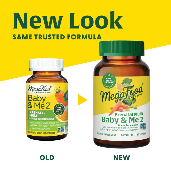 MegaFood Baby & Me 2 Prenatal Vitamins - Postnatal and Prenatal Multivitamin for Women with Biotin, Folic Acid, Choline, and More - Non-GMO - 120 Tablets