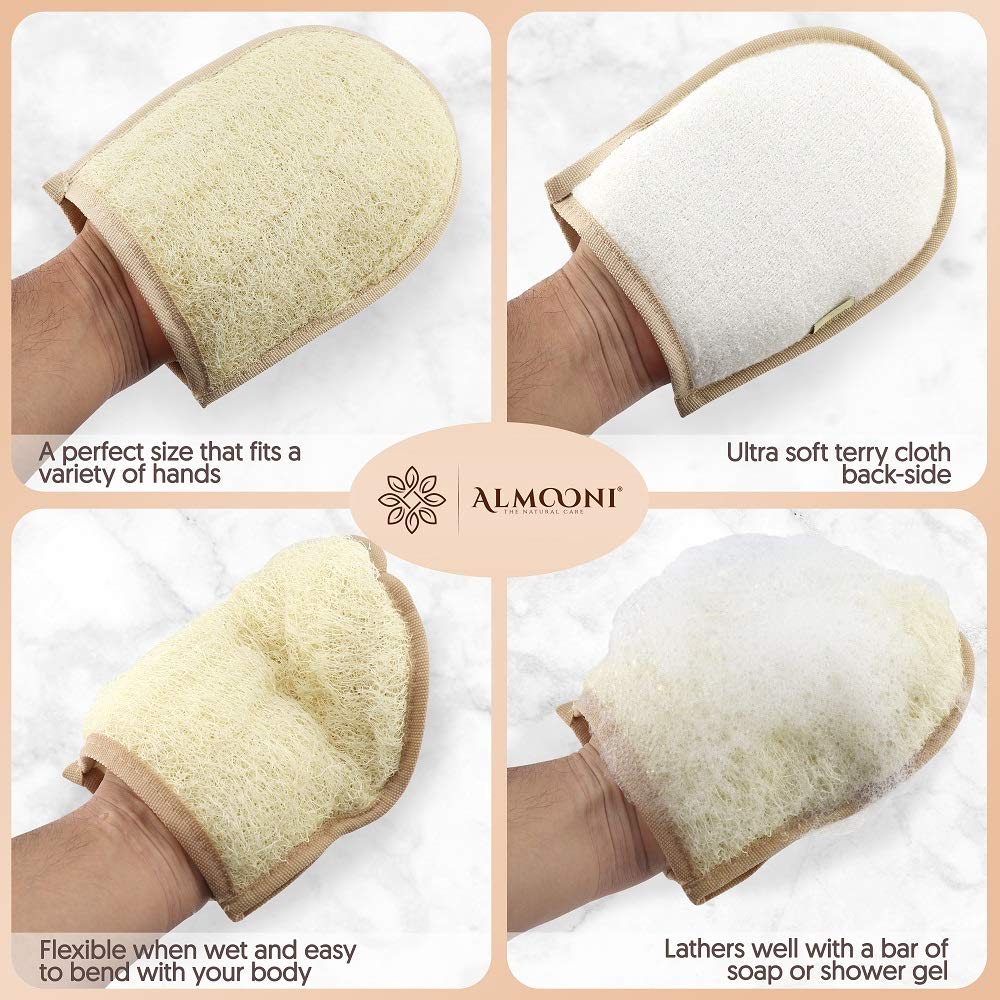 Premium Exfoliating Loofah Glove Pad Body Scrubber. Our Mitt Gloves are Made of Natural Egyptian Shower Loufa Sponge and Soft Cotton Materials (2 Pack)