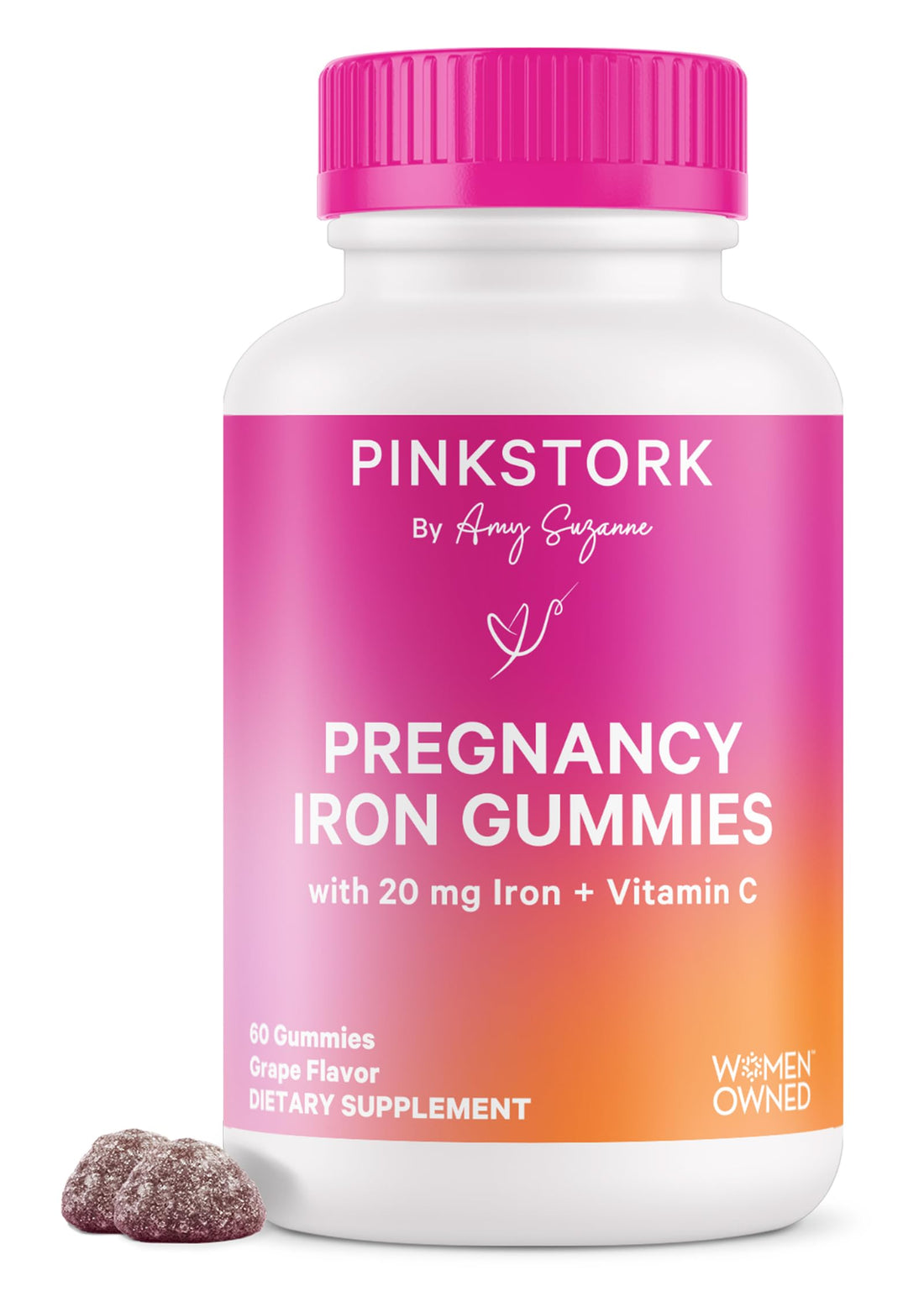 Pink Stork Prenatal Iron Supplement Gummies for Women - 20 mg with Vitamin C - Grape Chewable for Deficiency, Energy, & Blood Builder - 60 Gummy Chews