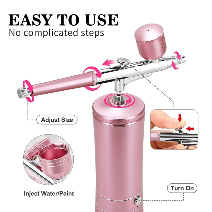 Airbrush-Kit Air Brush Kit With Air Compressor Nail Charms Wireless Air Brush for Barber, Nail Art, Cake Decor, Makeup, Model Painting (Pink - with extension tube)