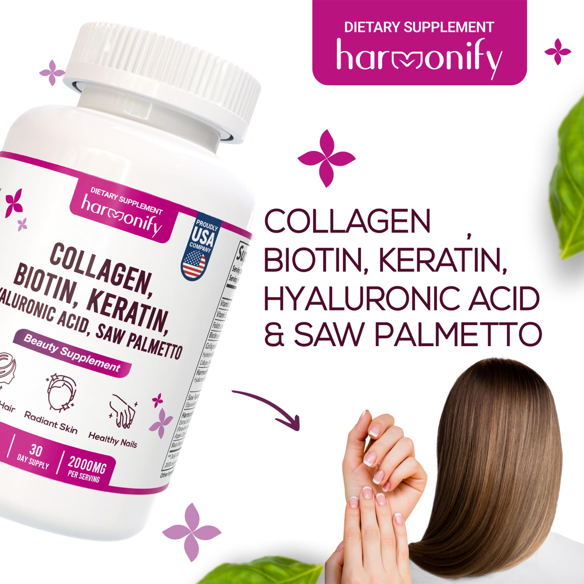 HARMONIFY Collagen Biotin Keratin Hyaluronic Acid Complex Supplement with Vitamin E, Folic Acid, Pumpkin Seed and MSM, 60 Capsules, 1000 mg