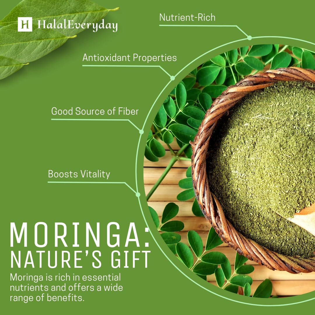 Halal Everyday Moringa Leaf Powder, 100% Pure Vegan Supplement, Energy Booster, Ingredient for Multi-Vitamin Smoothies, 1lb / 16oz Bag