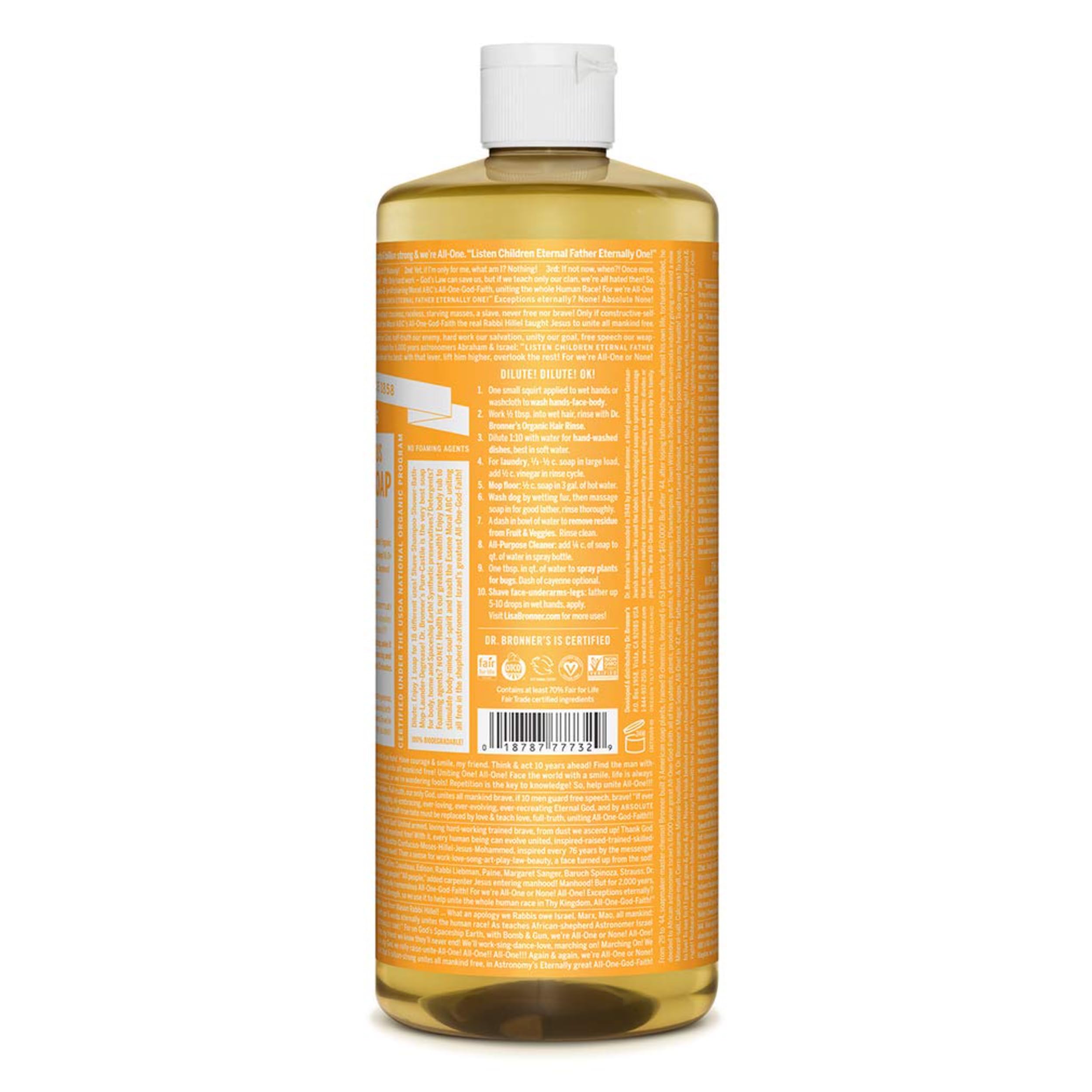 Dr. Bronner's - Pure-Castile Liquid Soap (Citrus, 32 ounce, 2-Pack) - Made with Organic Oils, 18-in-1 Uses: Face, Body, Hair, Laundry, Pets and Dishes, Concentrated, Vegan, Non-GMO