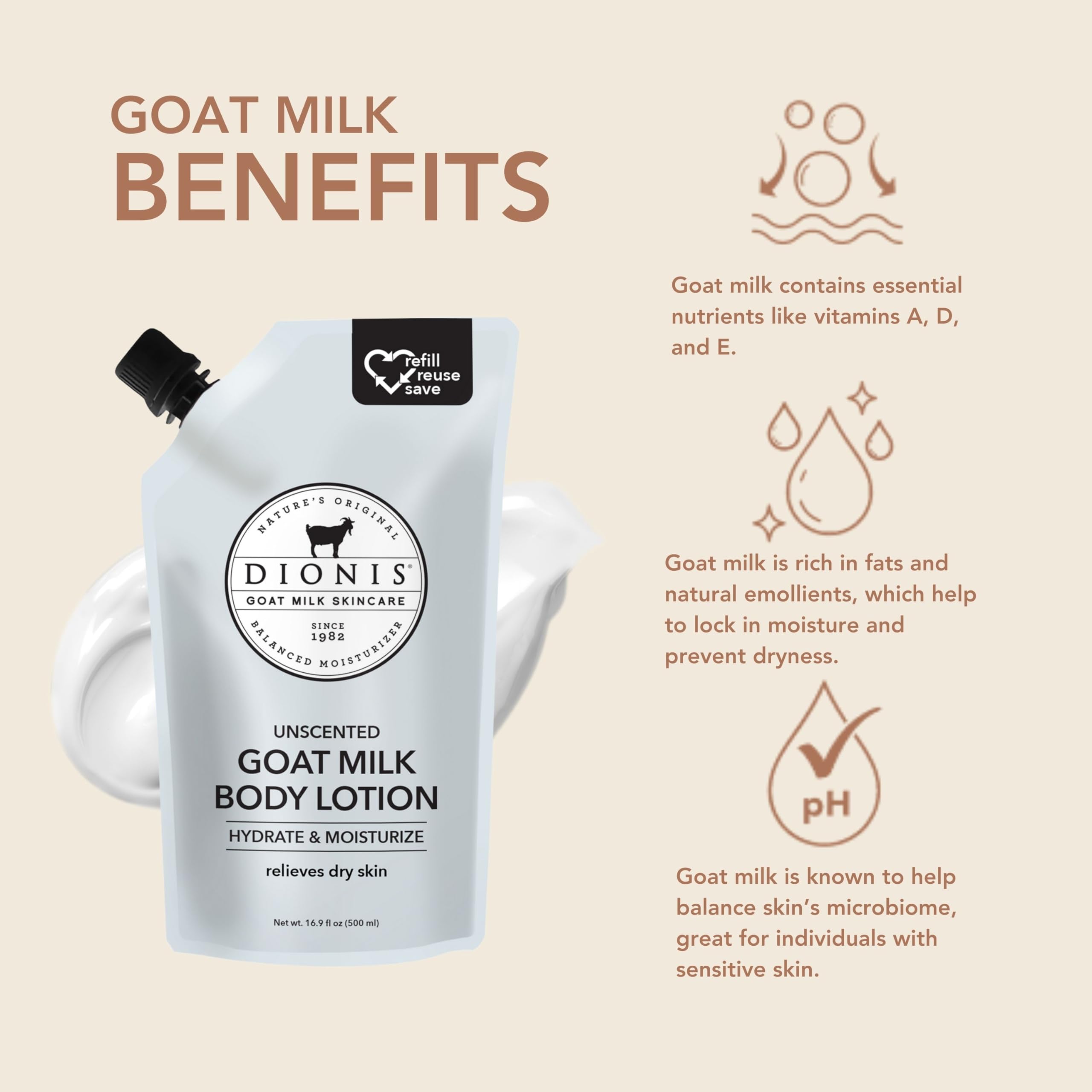 Dionis Goat Milk Skincare Body Lotion 16.9oz Refill Pouch, Cruelty Free Clean Ingredients & Dermatologist Tested Lotion for Dry Skin, Hydrating & Deeply Moisturizing Rich in Vitamins, Unscented