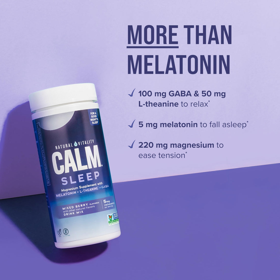 Natural Vitality Calm Sleep, Melatonin & Magnesium Citrate, Sleep Aid Drink Mix, GABA, Aid, Vegan, Gluten Free Non-GMO, Mixed Berry, 16 Oz