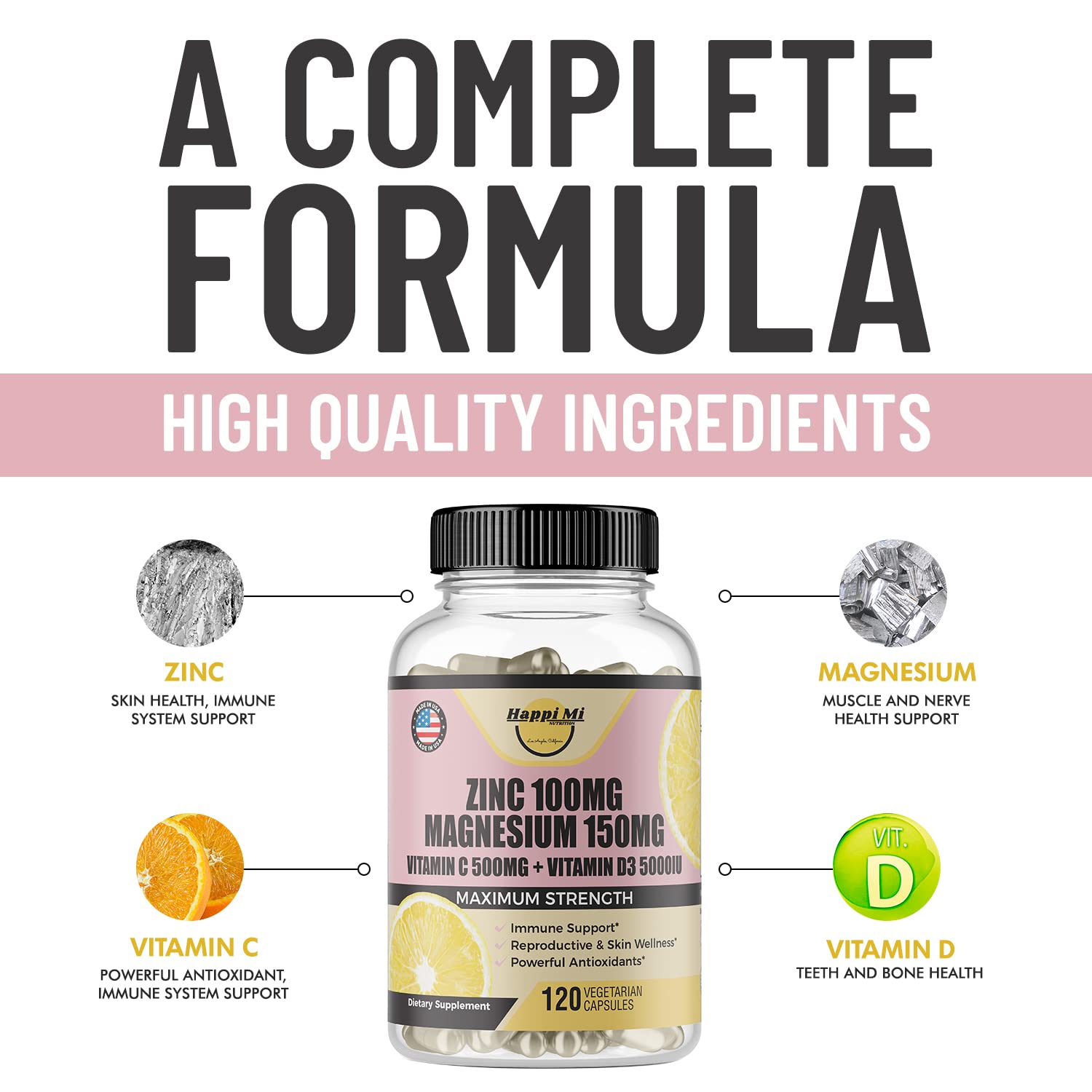 Happi Mi Nutrition Zinc, Zinc 100mg, Magnesium Glycinate 150mg, Vitamin D3 5000 IU, Vitamin C 500mg Per Serving, Immune Support, Immune Booster, Zinc Magnesium, Elemental Zinc, Antioxidant Support