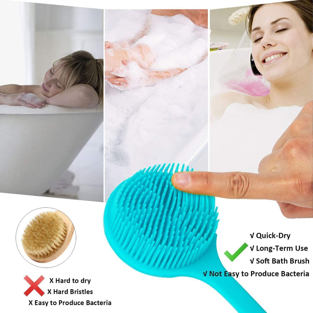 BAOOOFU Silicone Back Brush Long Handle Soft Body Brush for Shower Exfoliating Body Scrubber, Back Scrubber for Elderly Men Women, Hook Provided (Blue)
